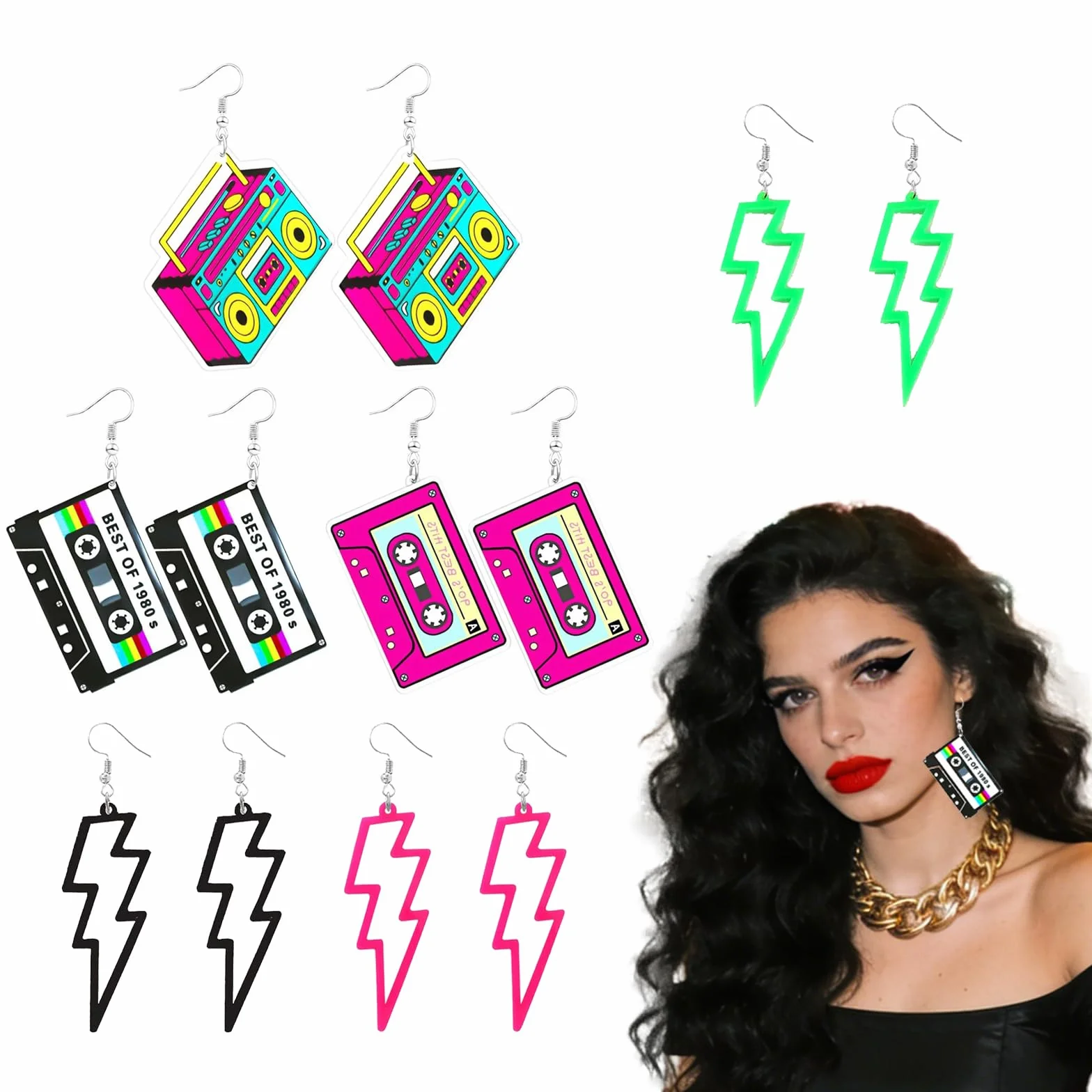 Pendientes de Neón Años 80 Retro Cintas de Casete 6 Pares Mujer