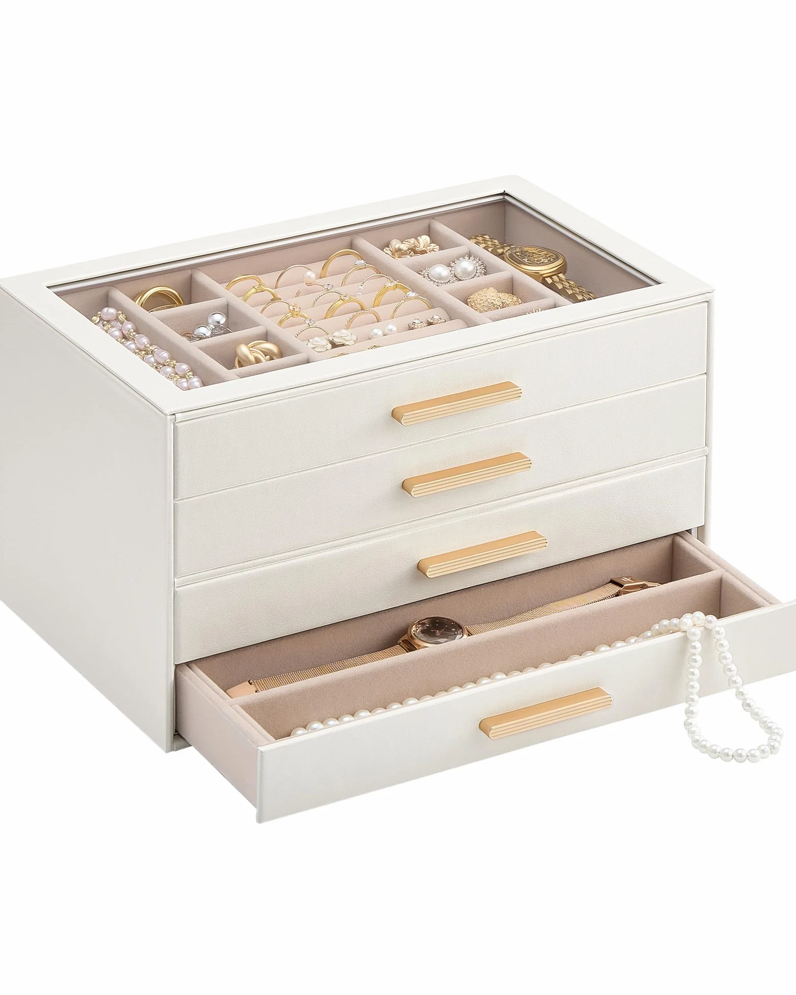 Caja Organizadora de Joyas 4 Niveles con Tapa de Vidrio, Joyero para Anillos Pendientes Pulseras Collares, Estuche Almacenamiento Mujer, Beige