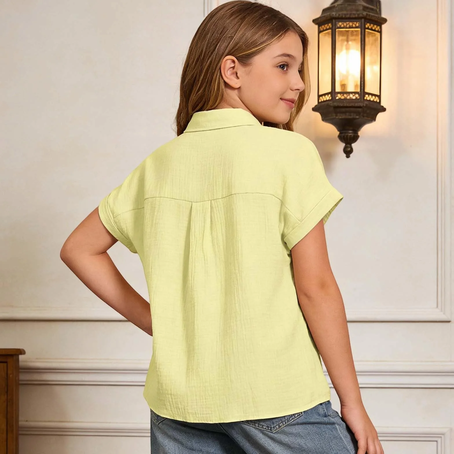 Camisa con botones para niña monocolor manga corta transpirable