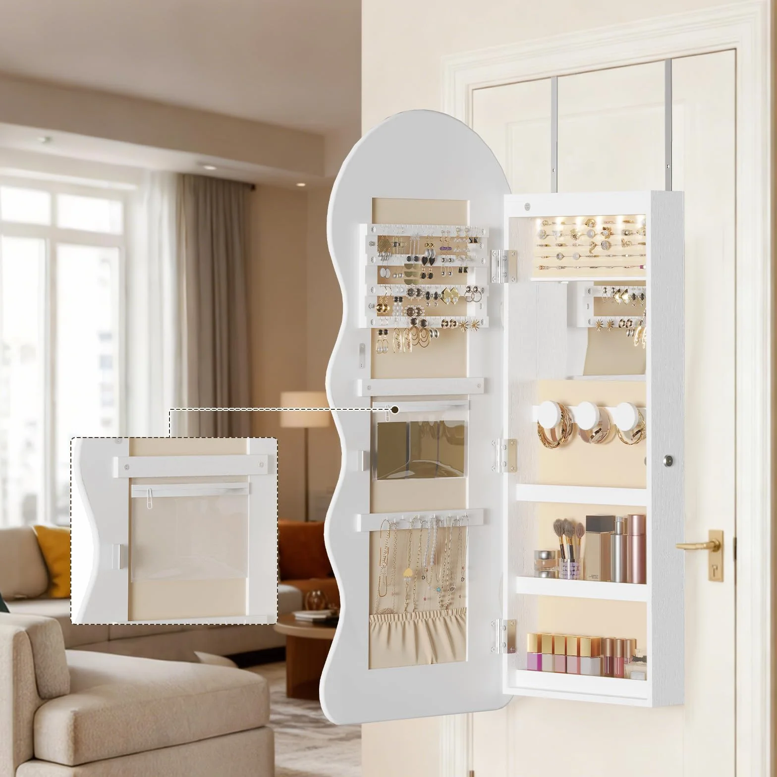 HOOBRO Armario Joyero de Pared con Iluminación LED y Espejo, Cerradura, Puerta Abatible, Blanco EWT08CDJC04