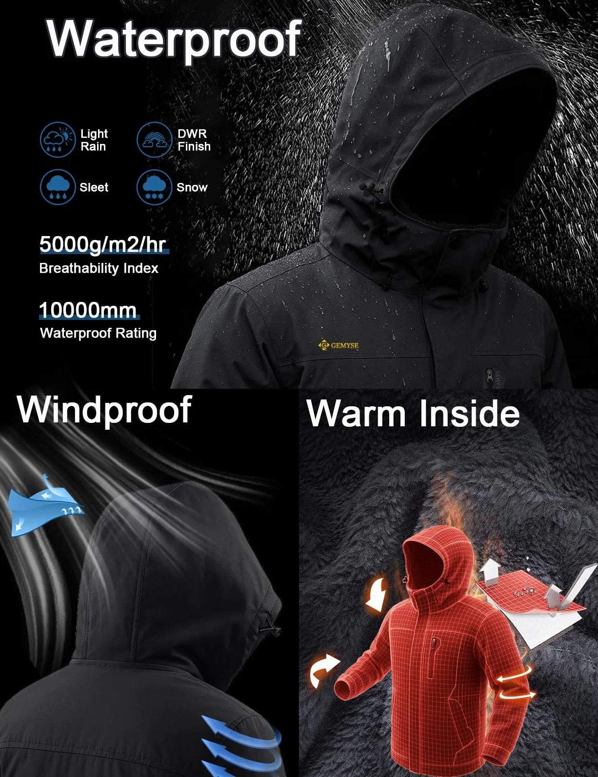 GEMYSE Chaqueta esquí hombre cortaviento capucha snowboard impermeable forrada funcional
