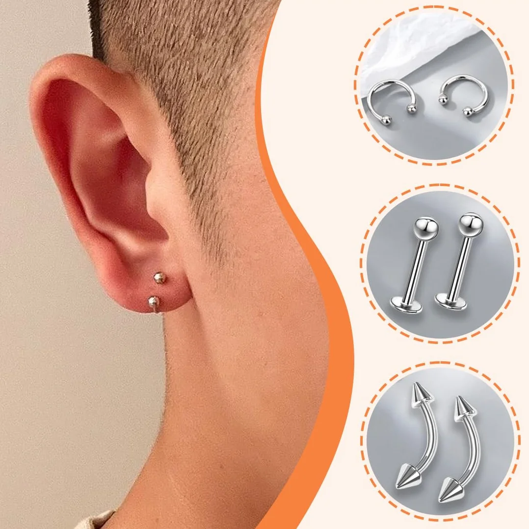 Set de Piercing Nasal Acero Quirúrgico 14 Piezas Pendientes Ceja Tragus Helix Aros Nariz Labio Labret Joya (1.2*8mm) Plateado