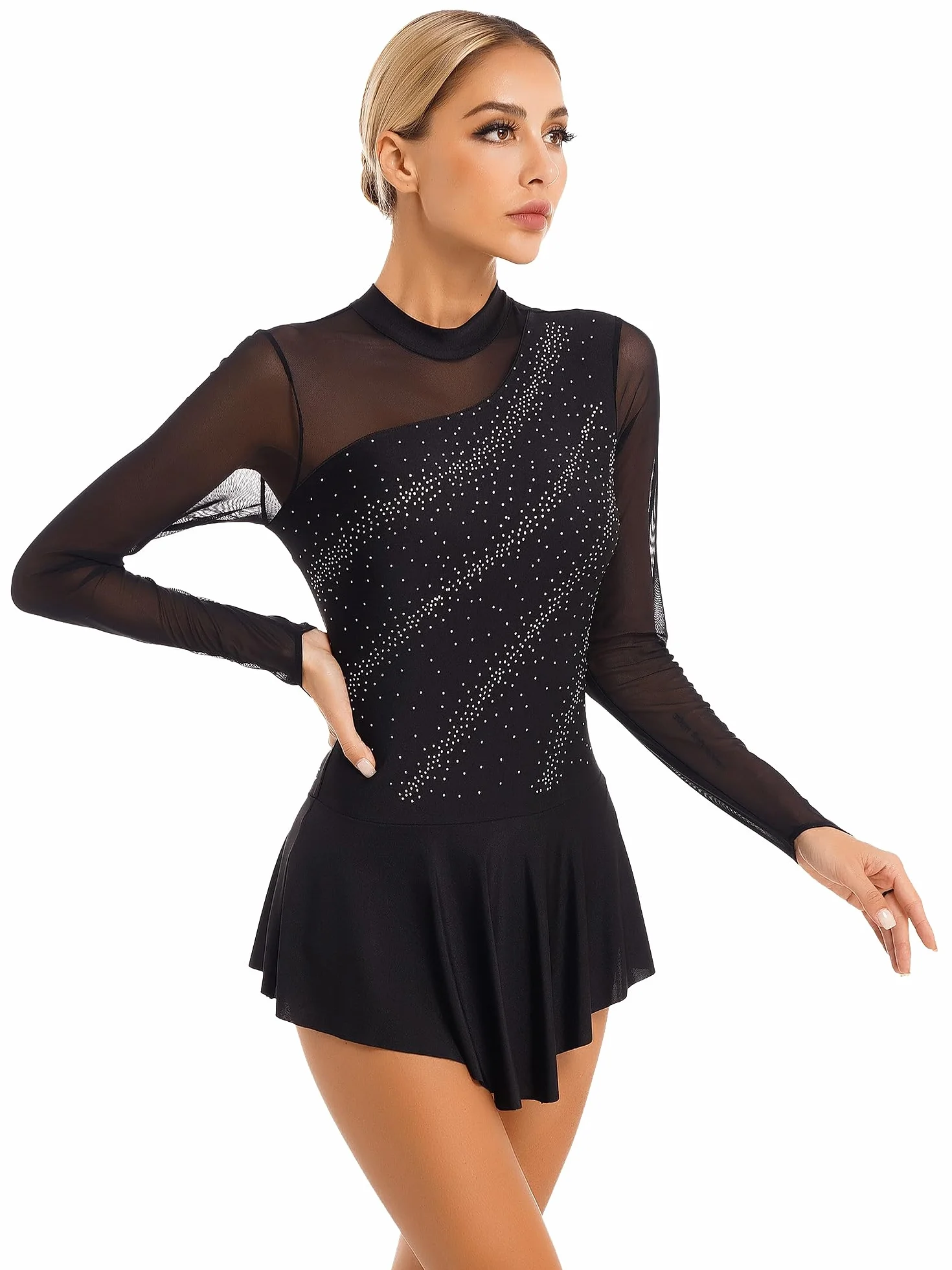 Vestido de Patinaje Artístico Mujer Manga Larga Leotardo Falda Ballet Gimnasia Rítmica Competición