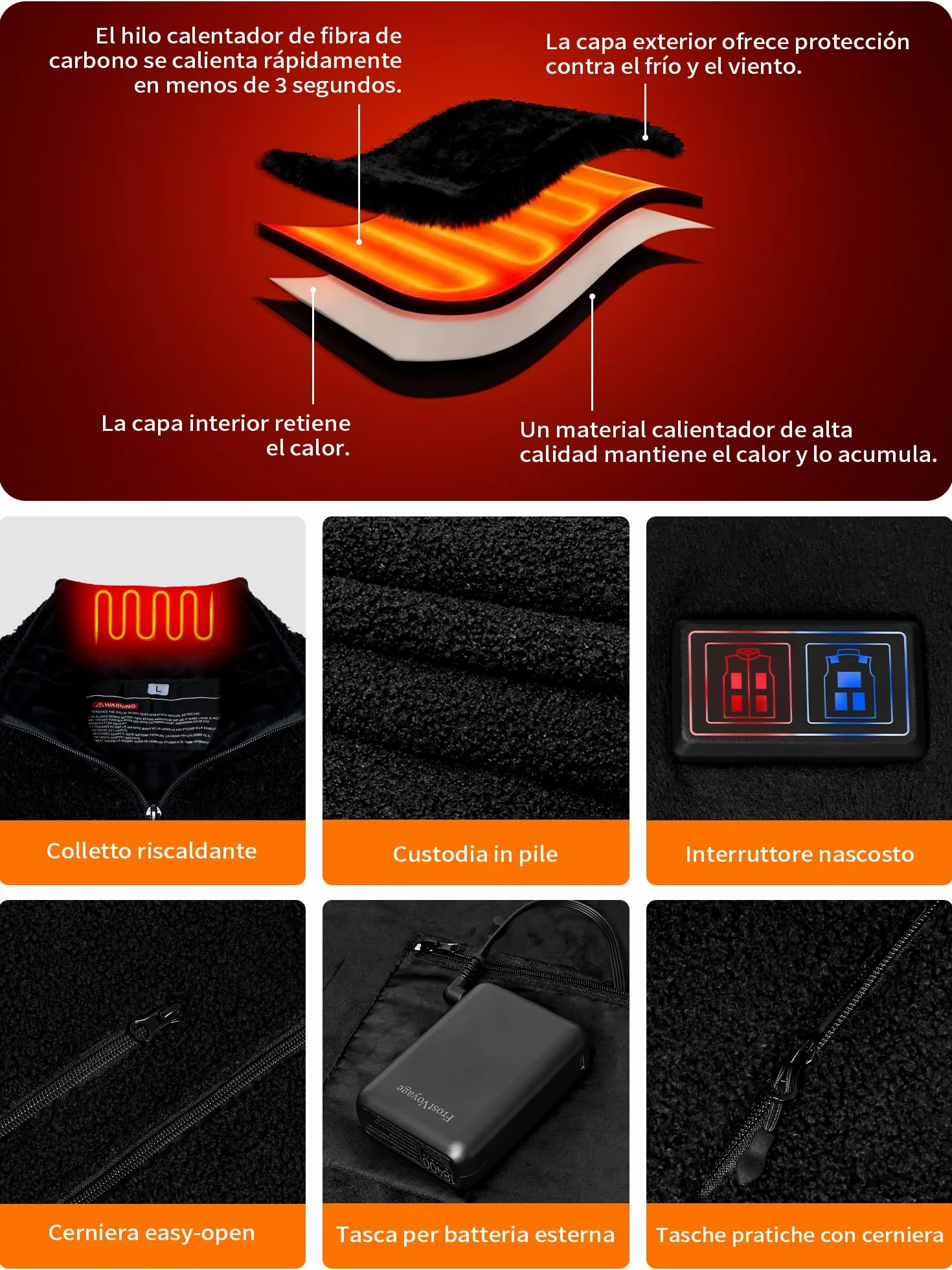 Chaleco de forro polar con batería recargable 18400 mAh 10 zonas calor 3 modos calentamiento