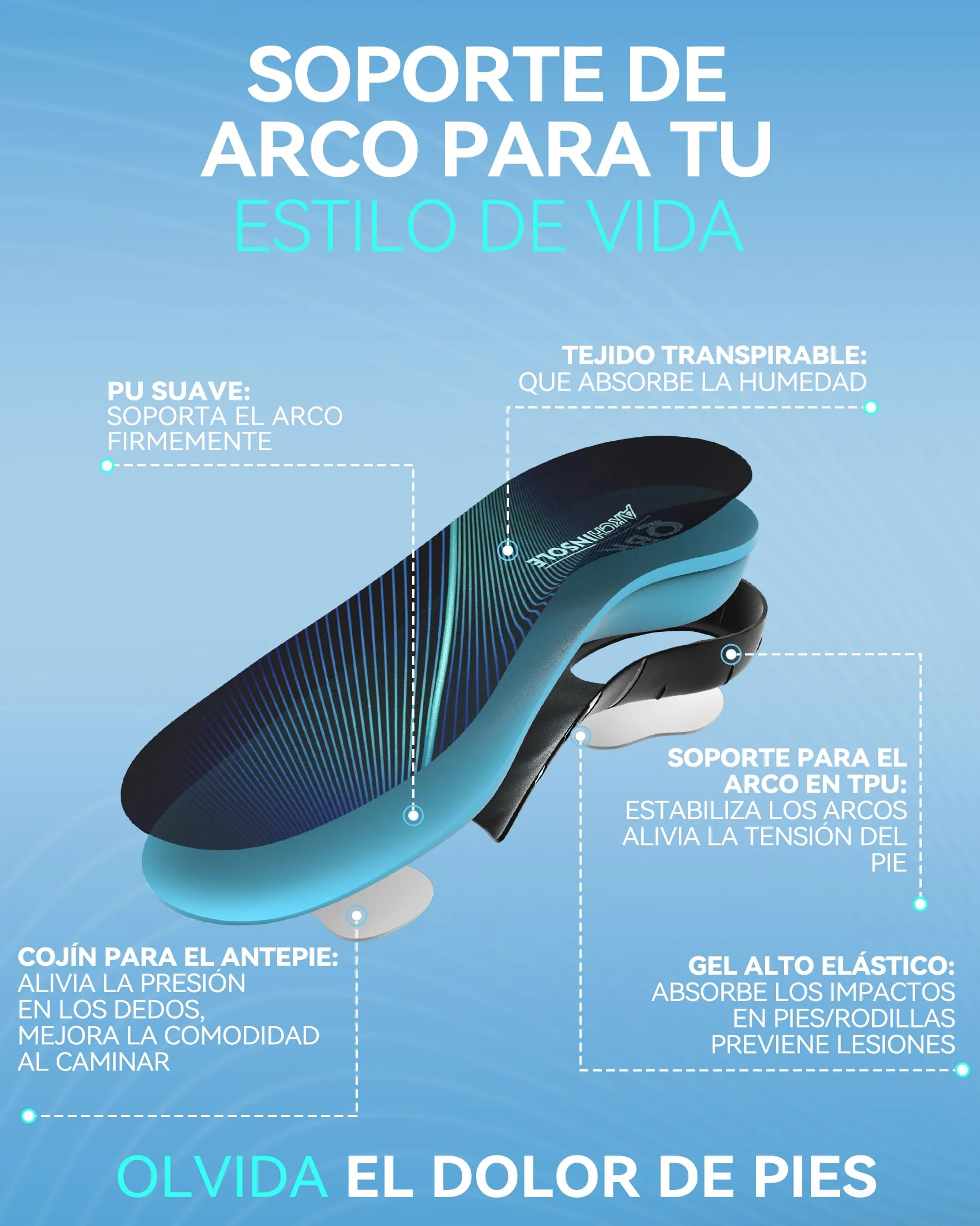 Plantilla Espolón Calcáneo QBK, Plantillas de GEL para Fascitis Plantar, Arco Alto, Pie Plano, XS