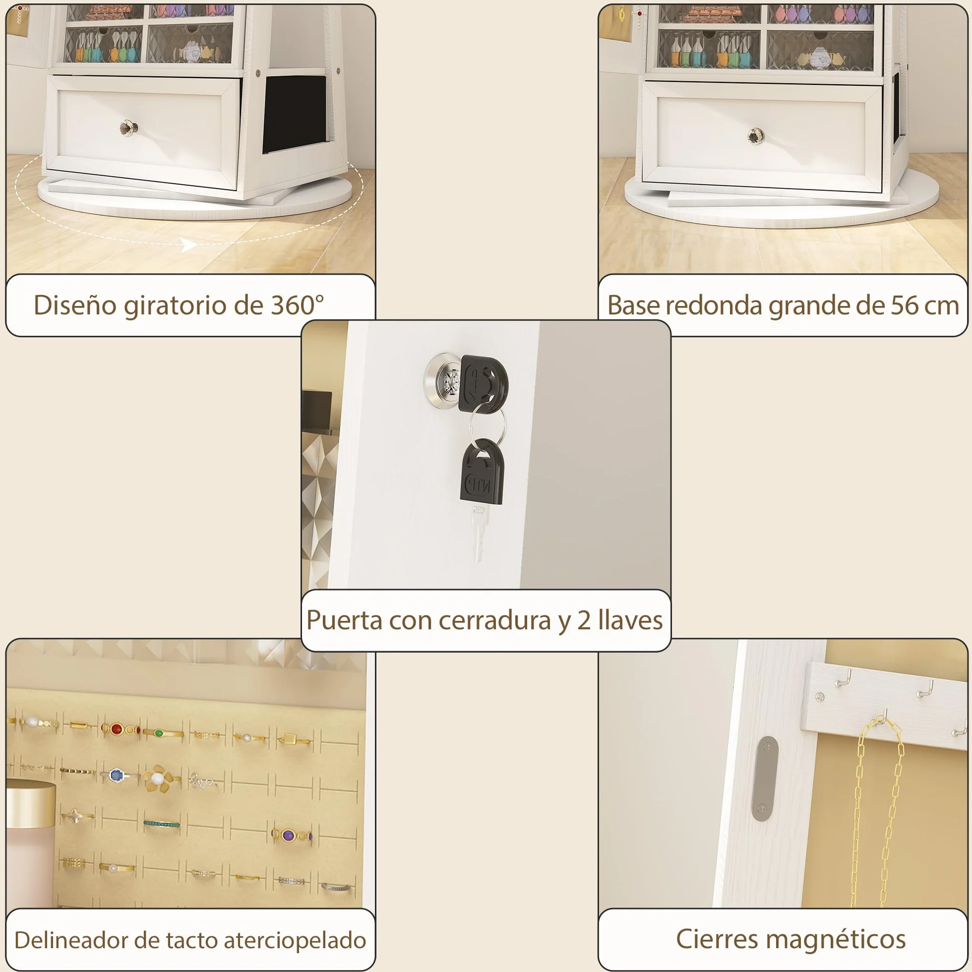 HOMCOM Armario Joyero de Pie con Luces LED, Espejo Cuero Entero, Soporte para Secador, Giratorio 360°, Cajón, Cerradura, Blanco y Beige