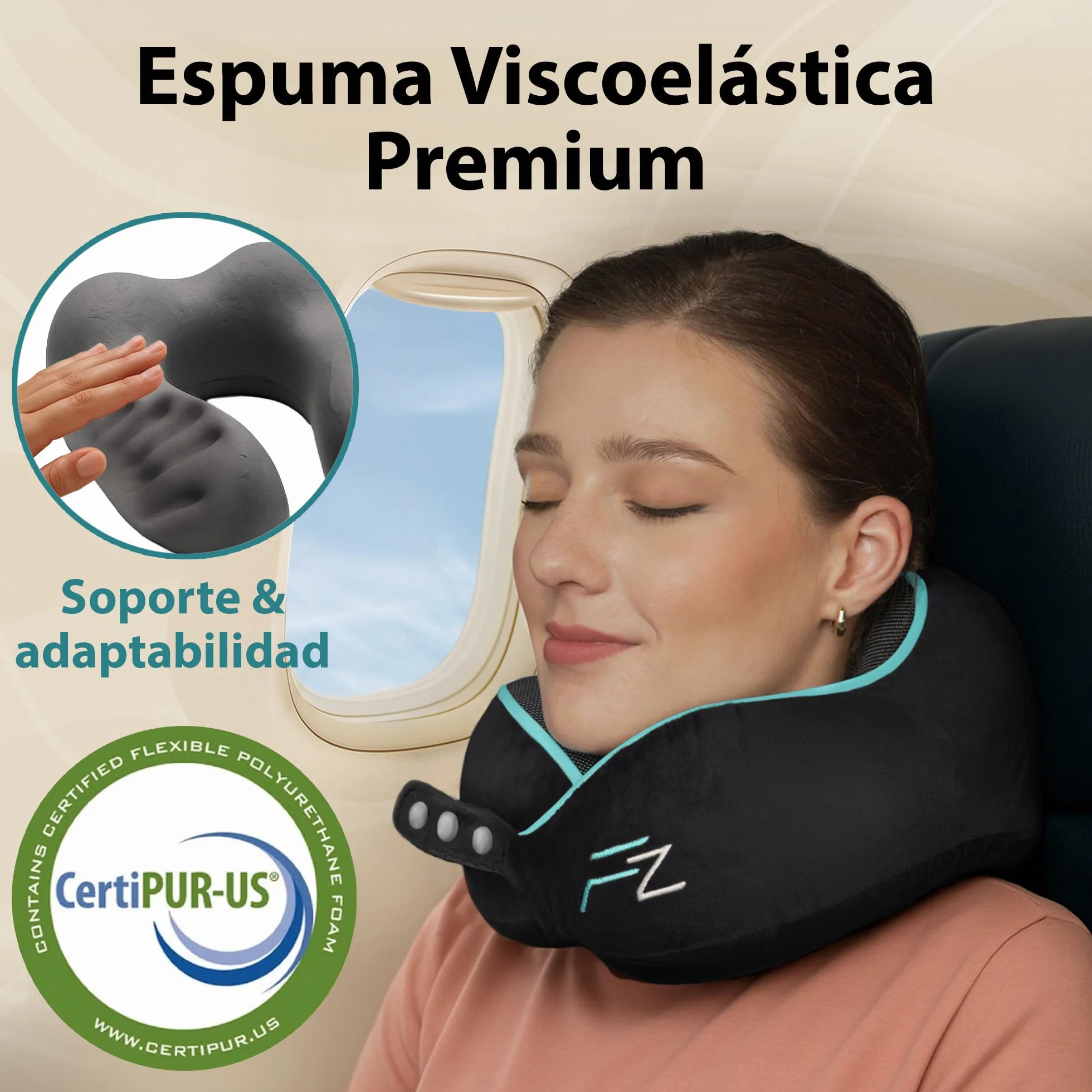 FLOWZOOM Almohada de Viaje Viscoelástica Soporte Ajustable 360° Funda Lavable Cojín de Cuello Negro