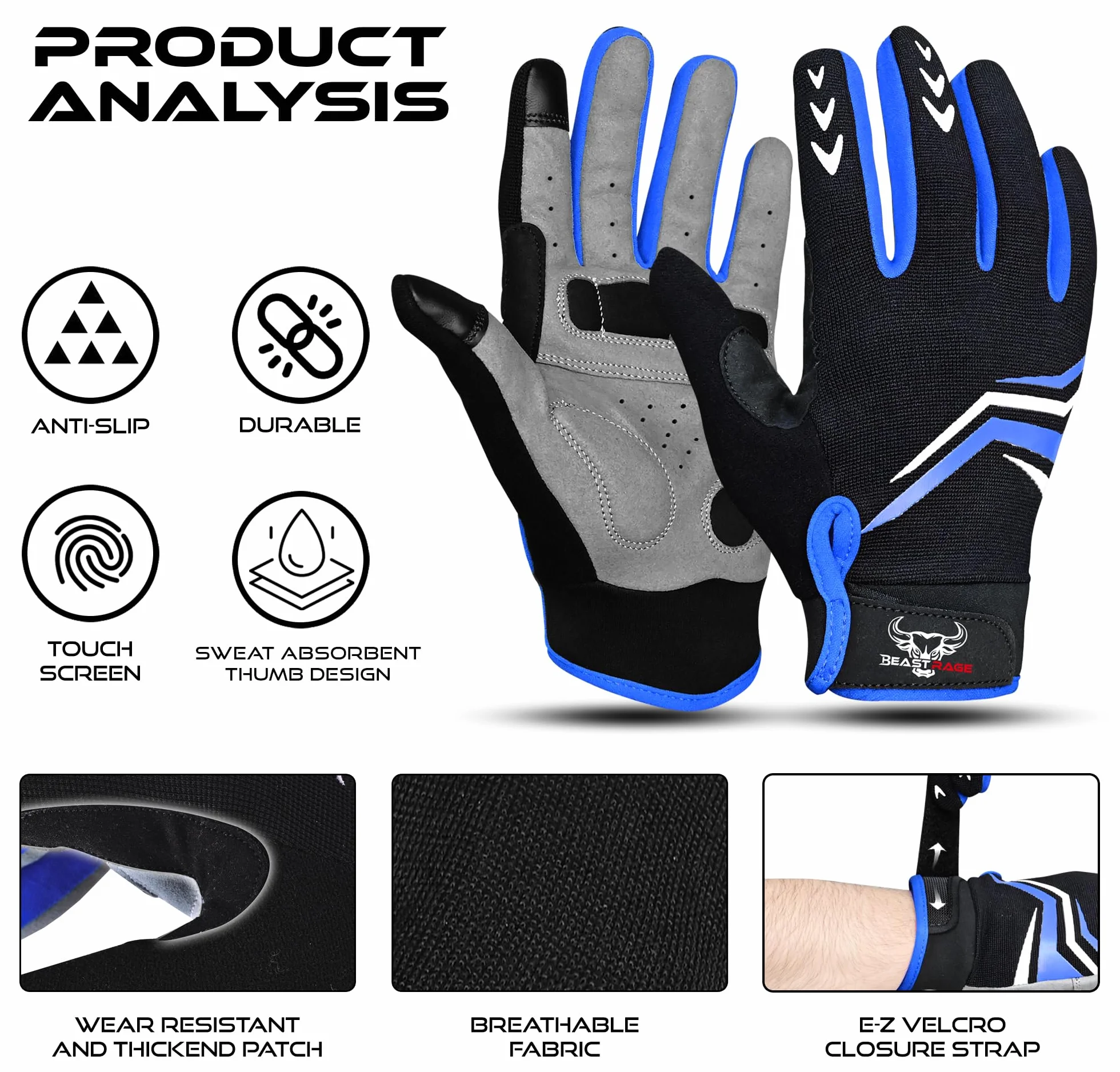 BEAST RAGE Guantes de Ciclismo Dedos Enteros Acolchado Antideslizantes Transpirables Táctiles Montaña BMX