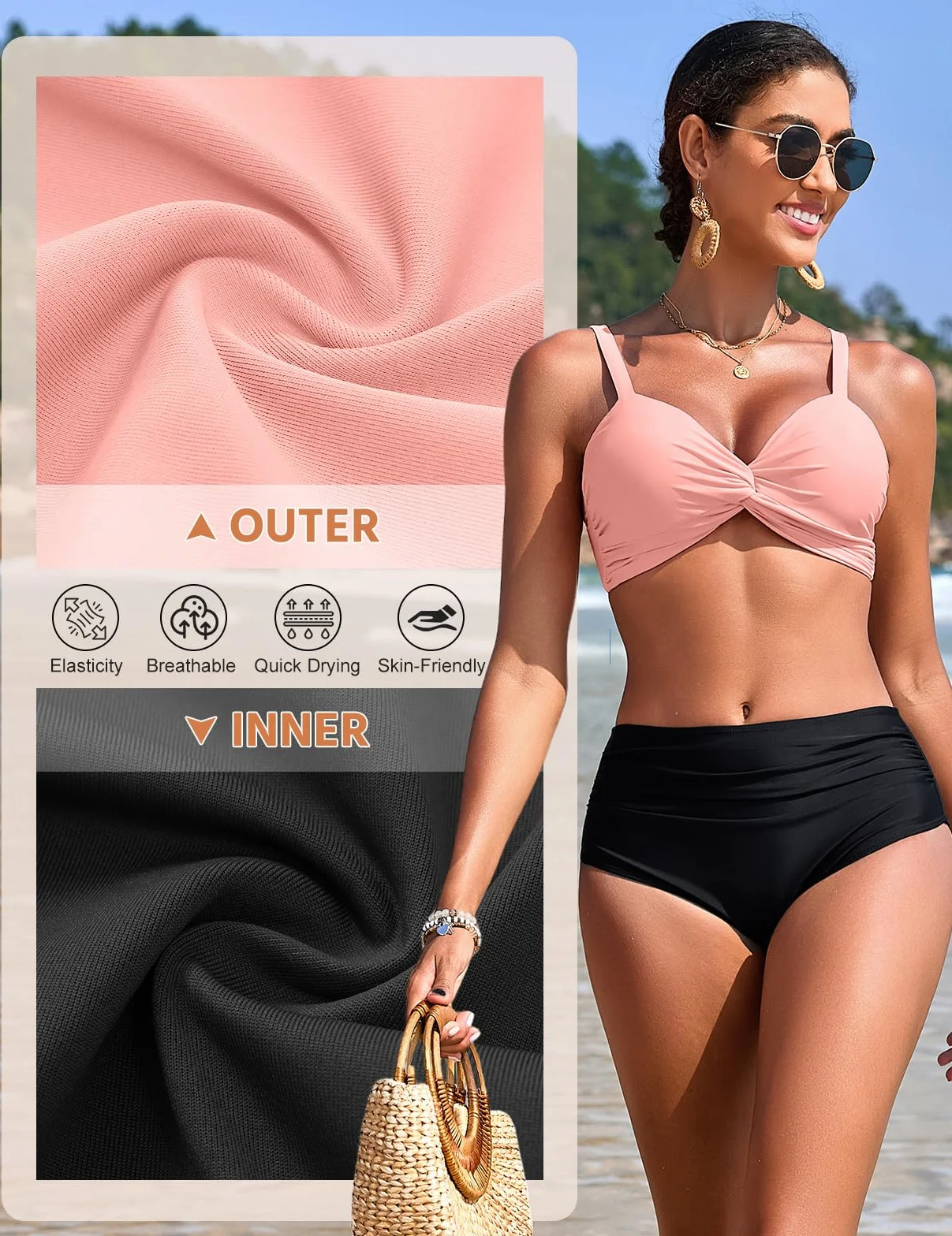 Nadeer Traje de Baño Sexy Push Up Cuello en V Dos Piezas Twist Front Bikini Control de Vientre Cintura Alta Ropa de Playa