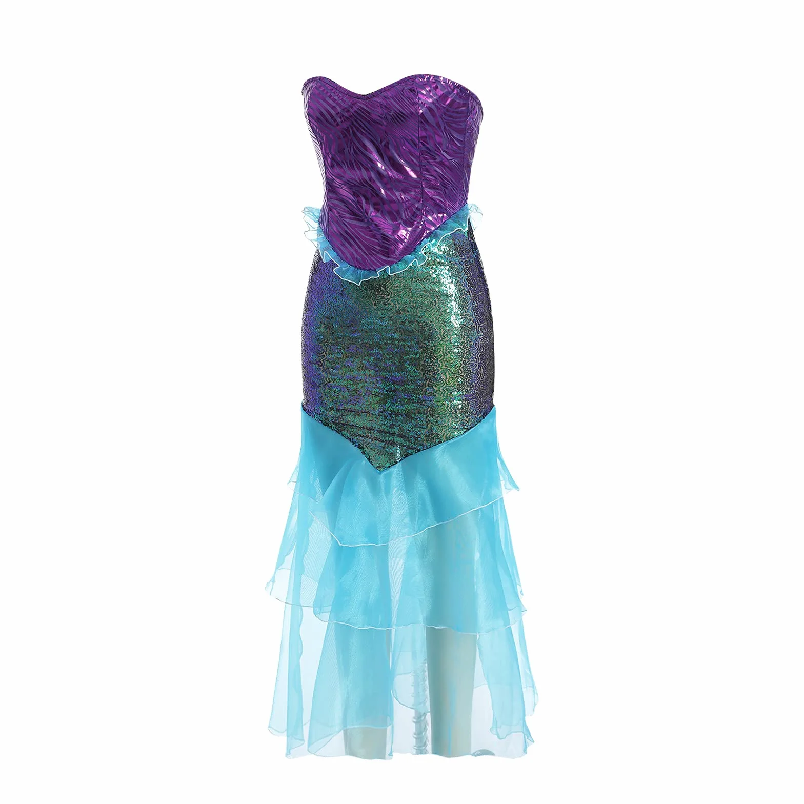 Disfraz de sirena para mujer vestido largo sin tirantes con volantes lentejuelas falda cola Halloween