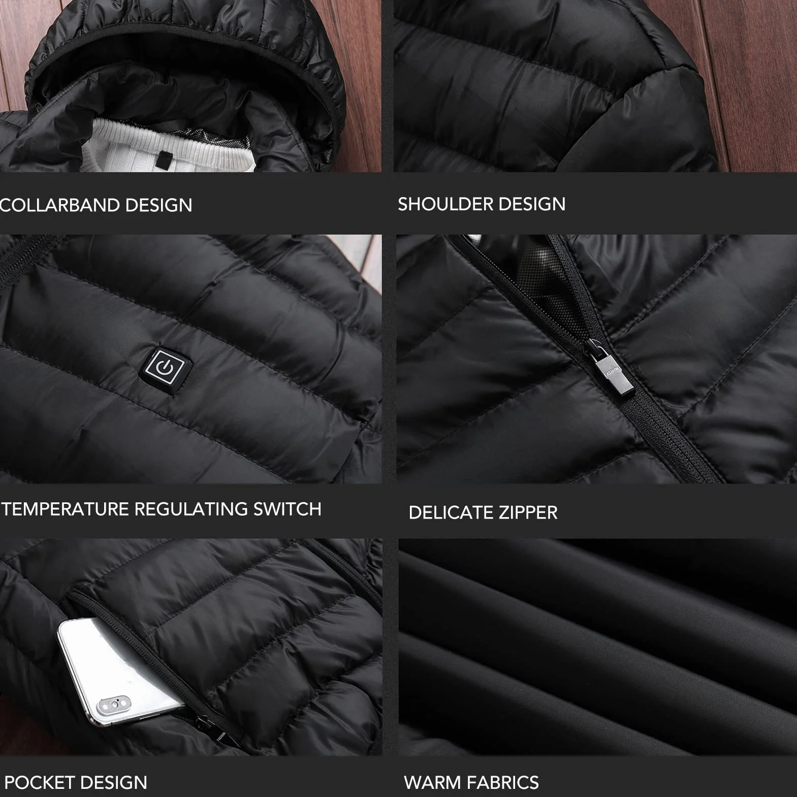 Abrigo de Calefacción Eléctrica Chaqueta Térmica Inteligente Termostático Negro con Capucha para Hombres y Mujeres