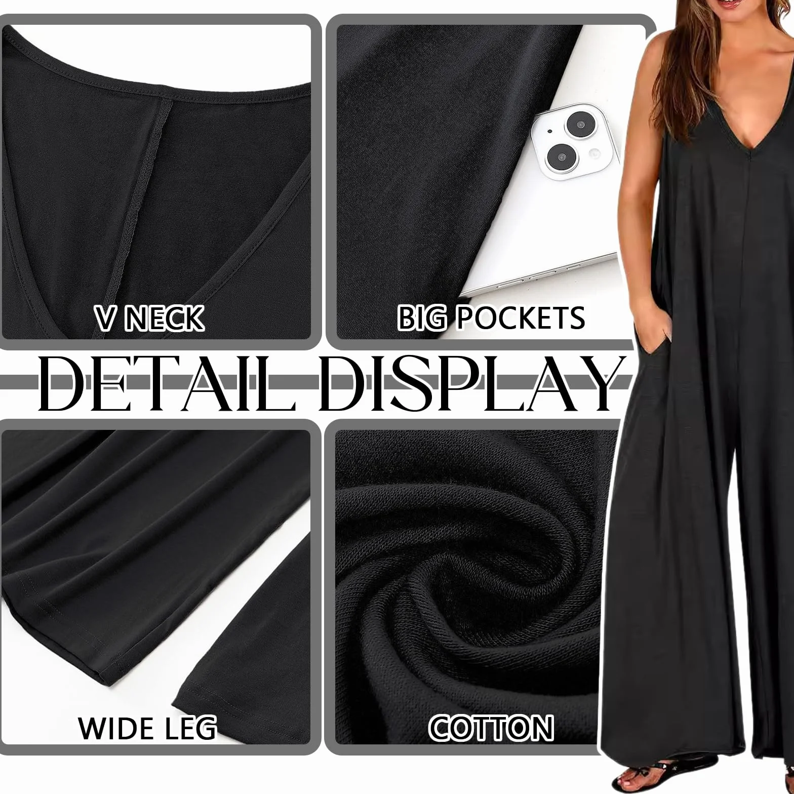 Mono Mujer Jumpsuit Sin Mangas Largo Pierna Ancha Pantalón Rompers Verano Tirantes Anchos Overol Cuello en V