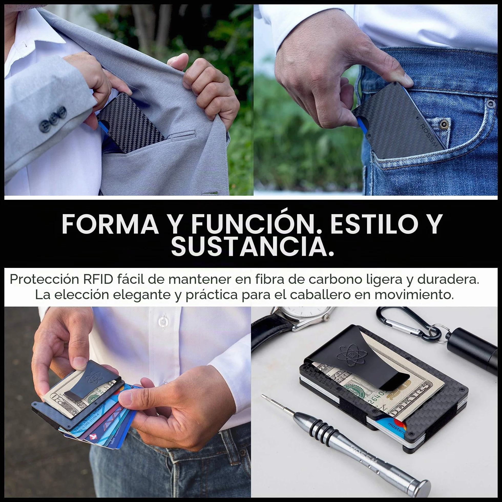 ROSSM Tarjetero Hombre Bloqueo RFID Cartera Minimalista Carbono Metalica Pinza Banda Elástica