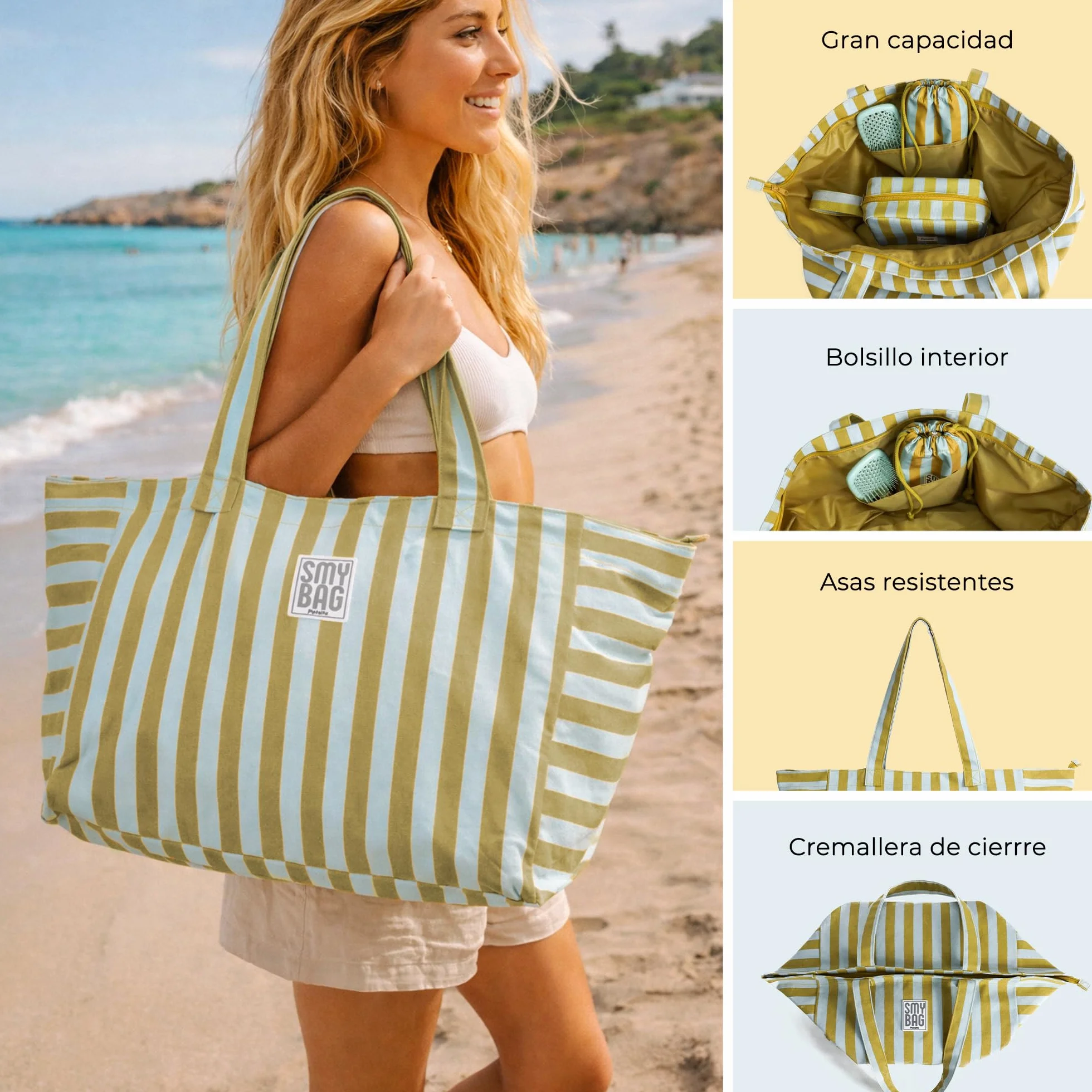Bolsa de Playa Mujer Menorca Grande - Bolso Playa a Rayas con Cremallera - Shopper Verano Amplio y Resistente - 64x35x23,5 cm