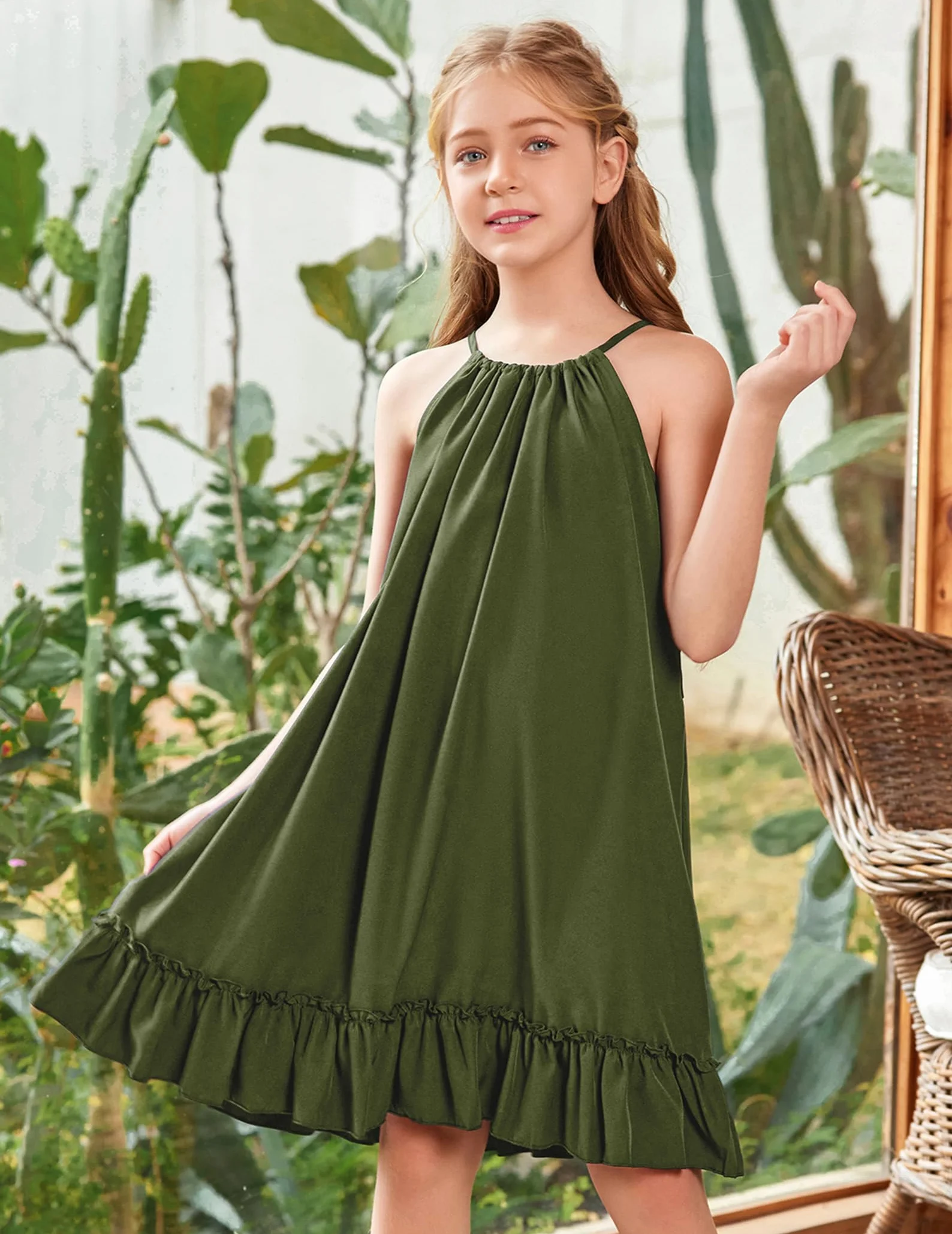 Arshiner Vestido para Niña Verano Midi Volantes Corte A Cuello Halter Fiesta con Cinturón 6-14 Años