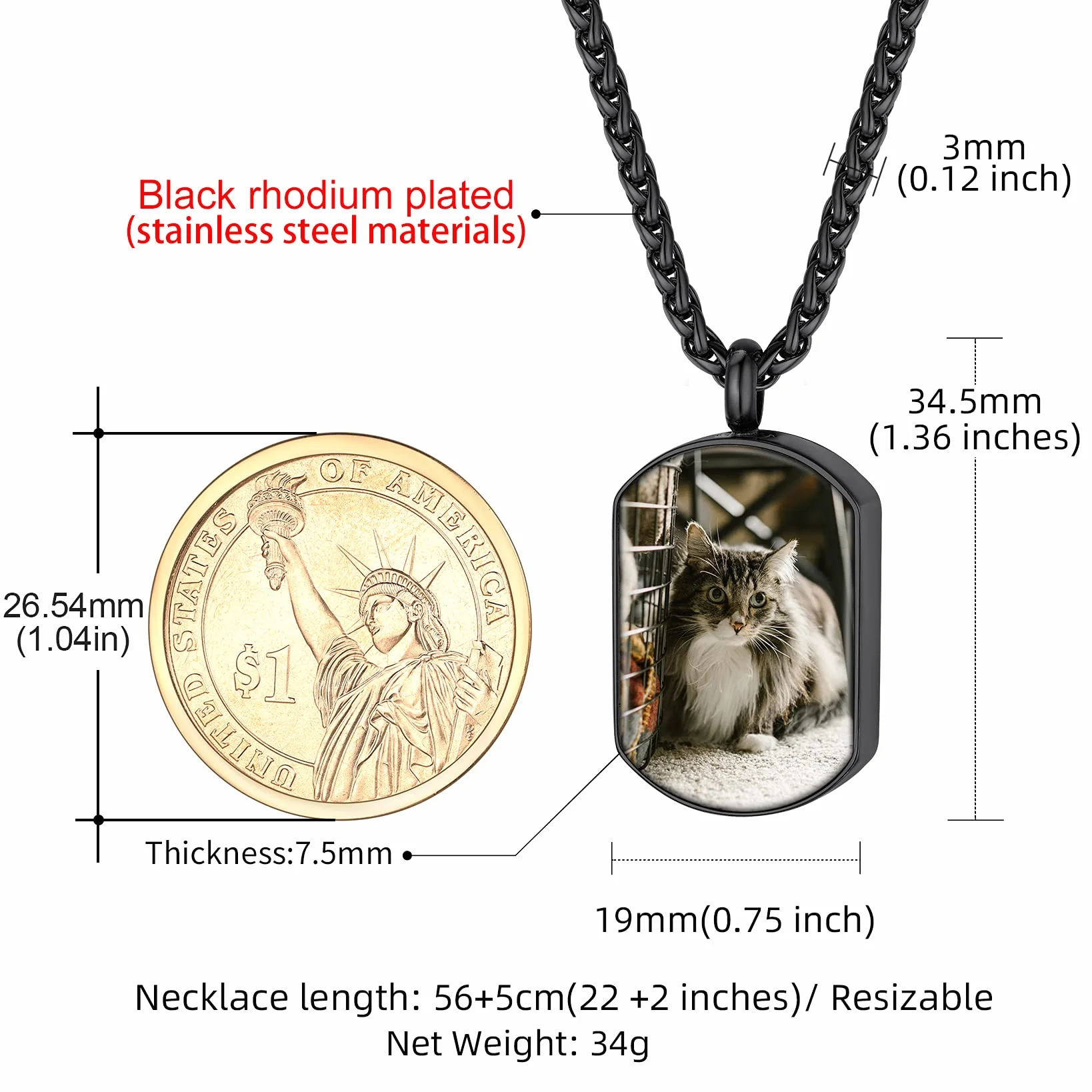 GoldChic JEWELRY Porta Cenizas Chapa Militar con Foto Nombre Colgante para Cenizas Resistente al Agua, Negro