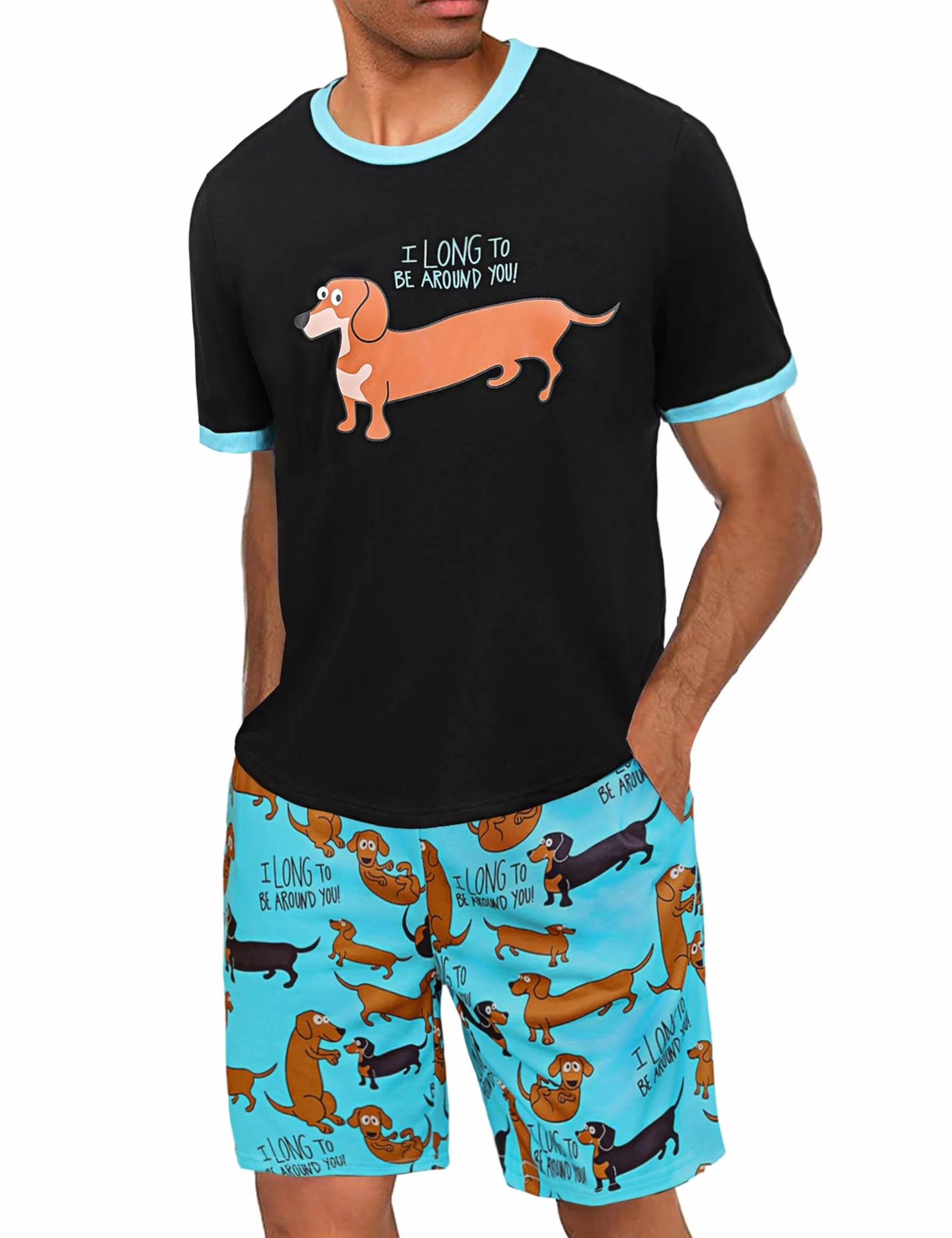 Pijama Hombre Algodón Divertido Ropa de Dormir Verano Mangas Cortas con Bolsillos
