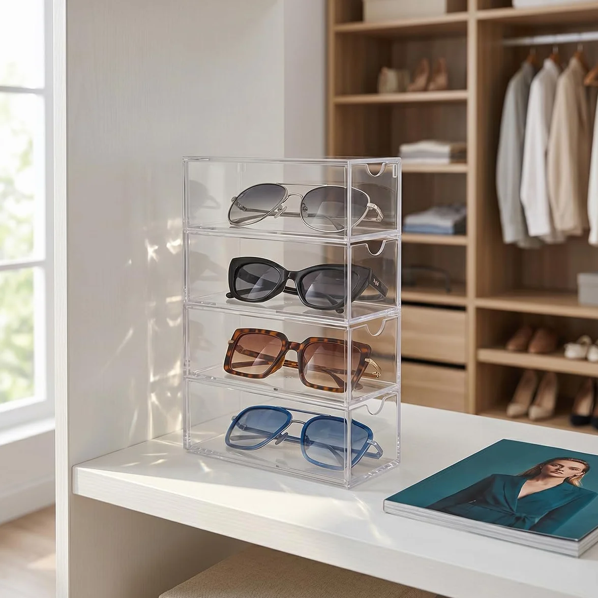 Organizador de Gafas de Sol Acrílico 24,5 x 17,5 x 6,5 cm Caja con 4 Cajones Transparente Apilable
