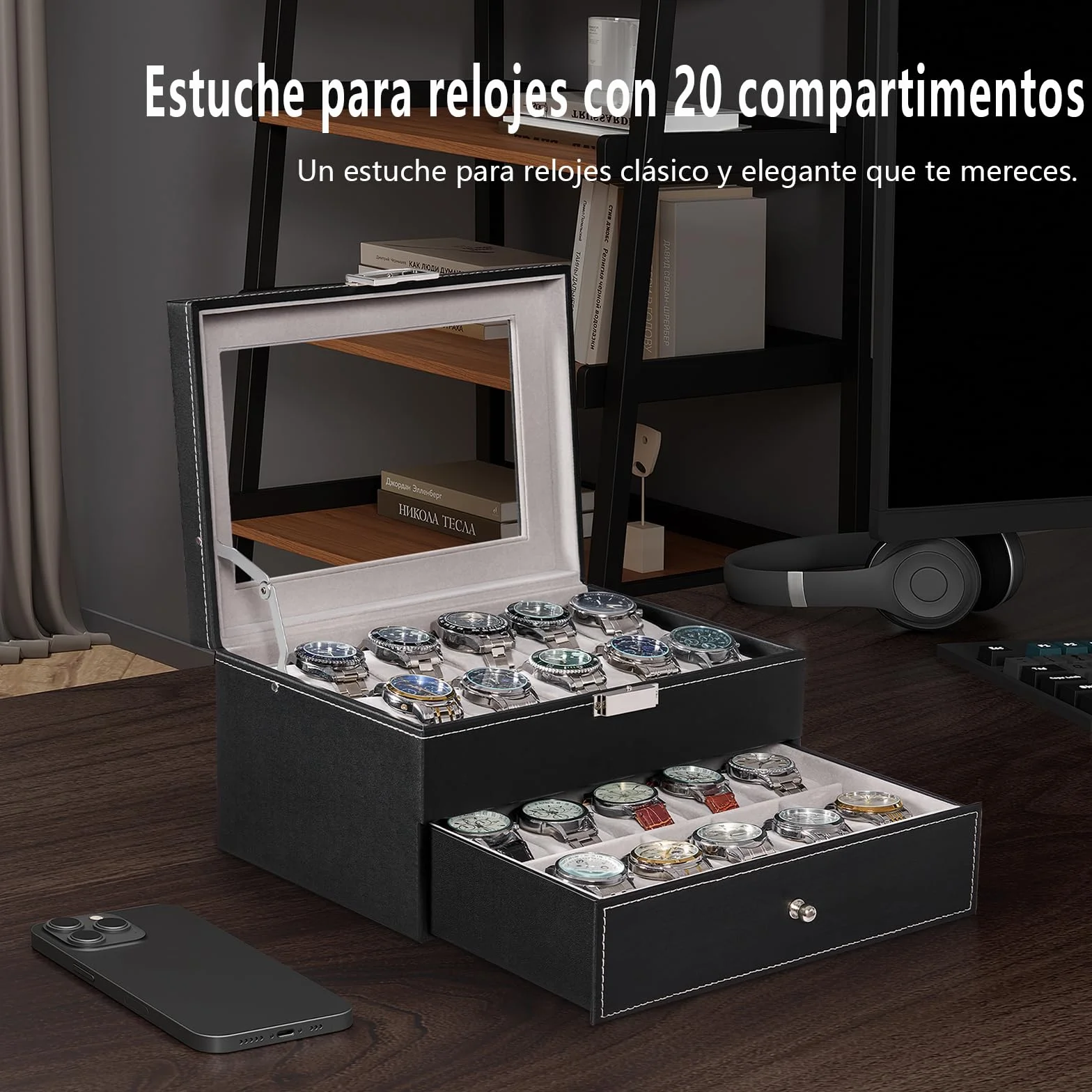 BEWISHOME Caja de Relojes 20 Compartimentos Estuche Tapa Cristal Negro ESSH04B