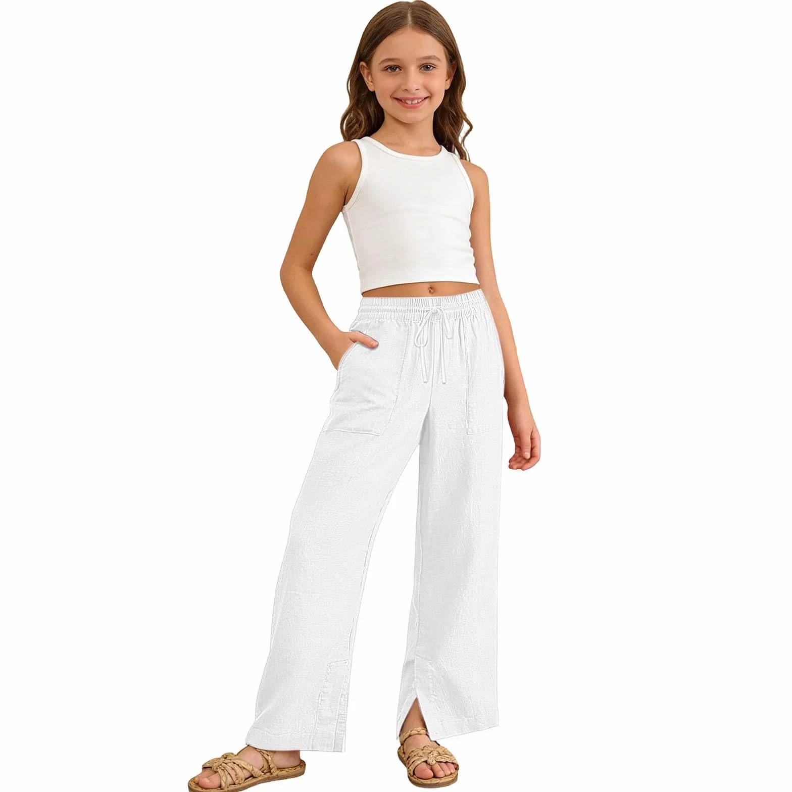 Pantalón de niña niño algodón Jogging liso cintura elástica 2-14 años