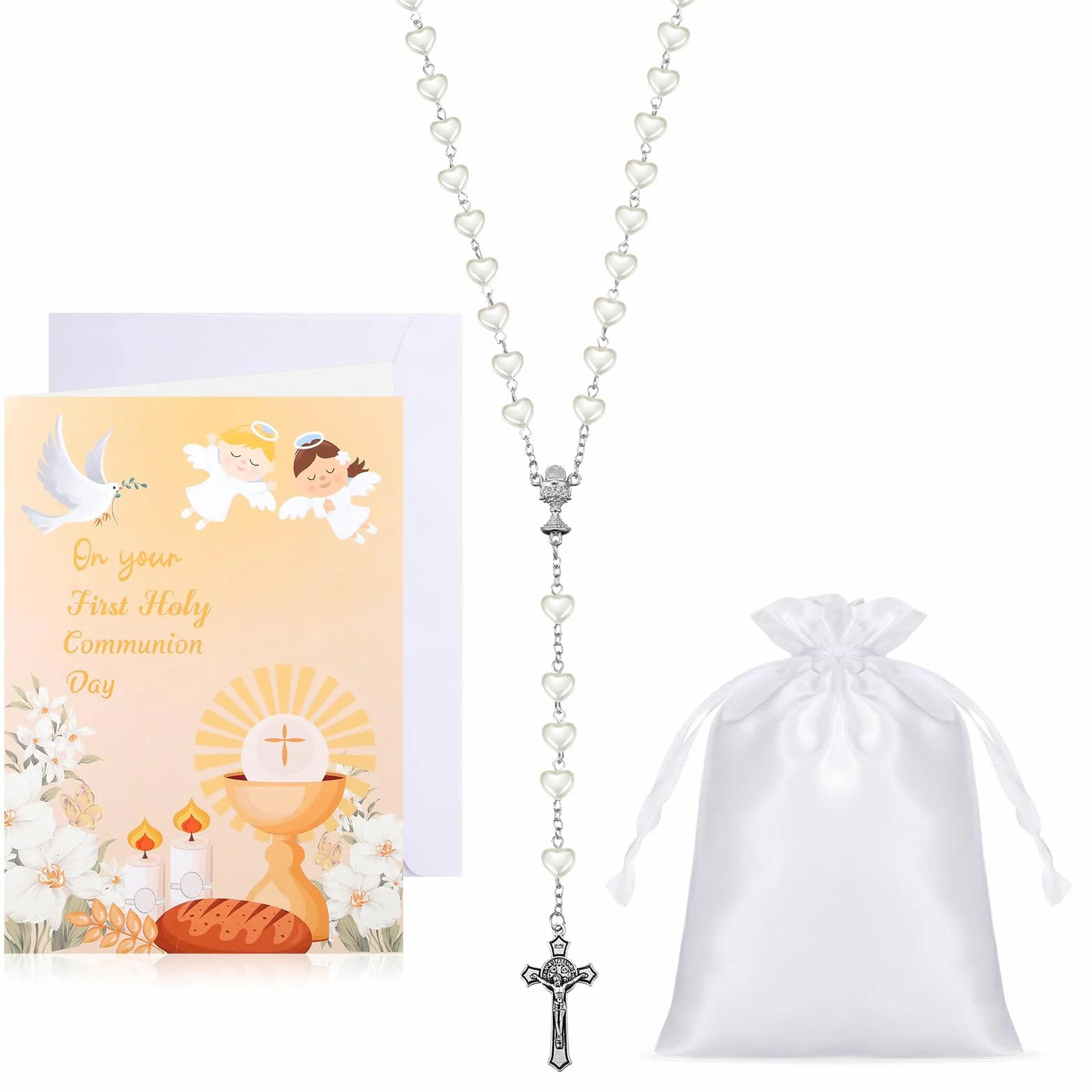 Set de 3 Rosario Corazón Primera Comunión con Tarjetas y Bolsa Cordón Collar Metálico Cruz Perlas Católicas para Niñas Niños Regalo Bautizo