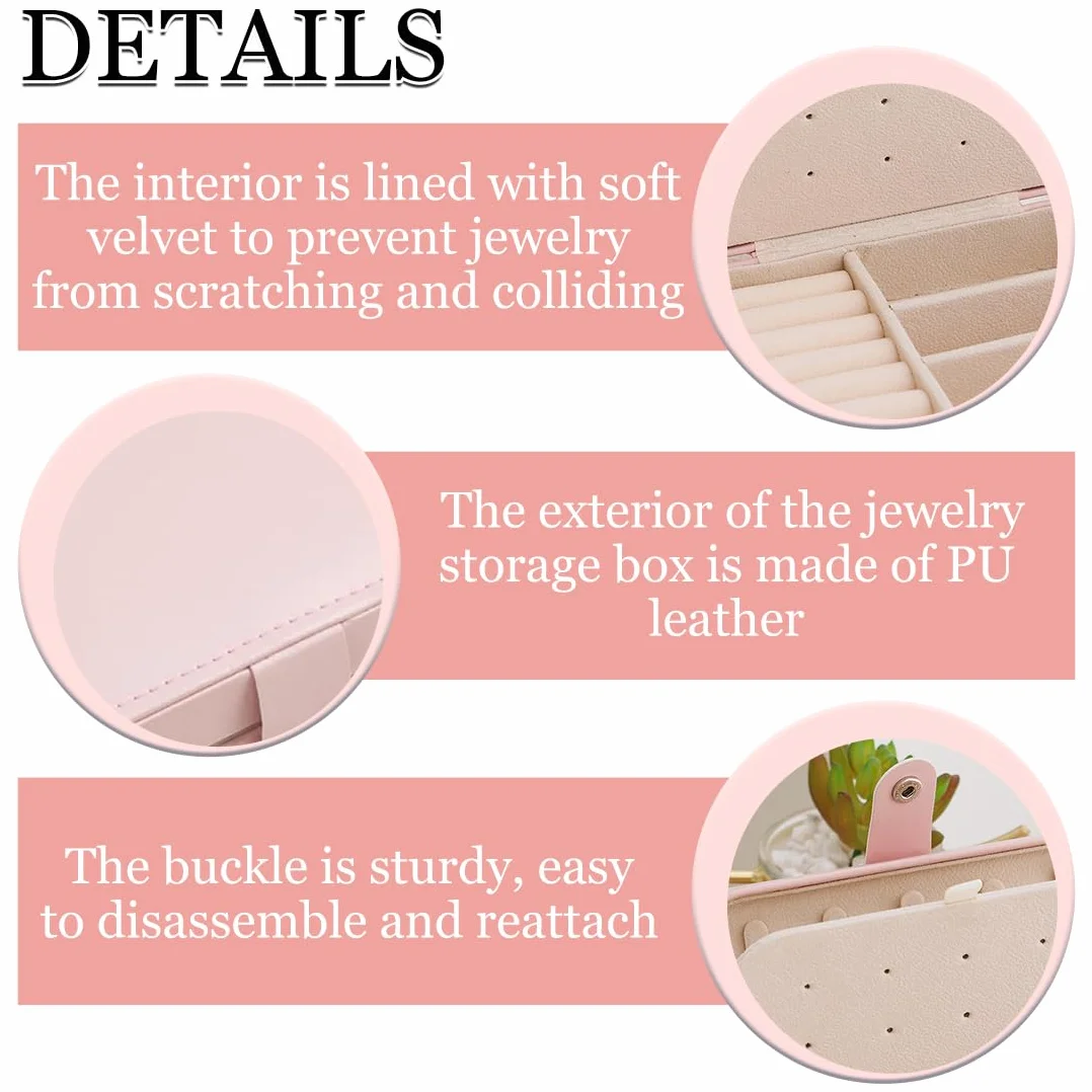 Joyero Pequeño Portátil para Mujer, Caja de Joyas para Anillos, Pendientes, Collares, Pulseras - Rosa