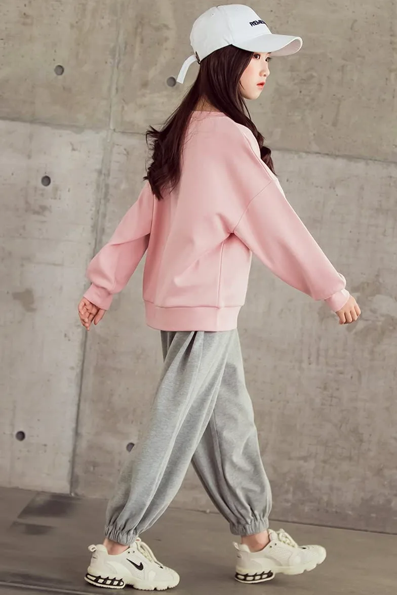 Juego de 2 chándales para niña 10 años, sudadera y pantalones, ropa para correr, juego de ropa para niños, Rosa., 146/152 cm