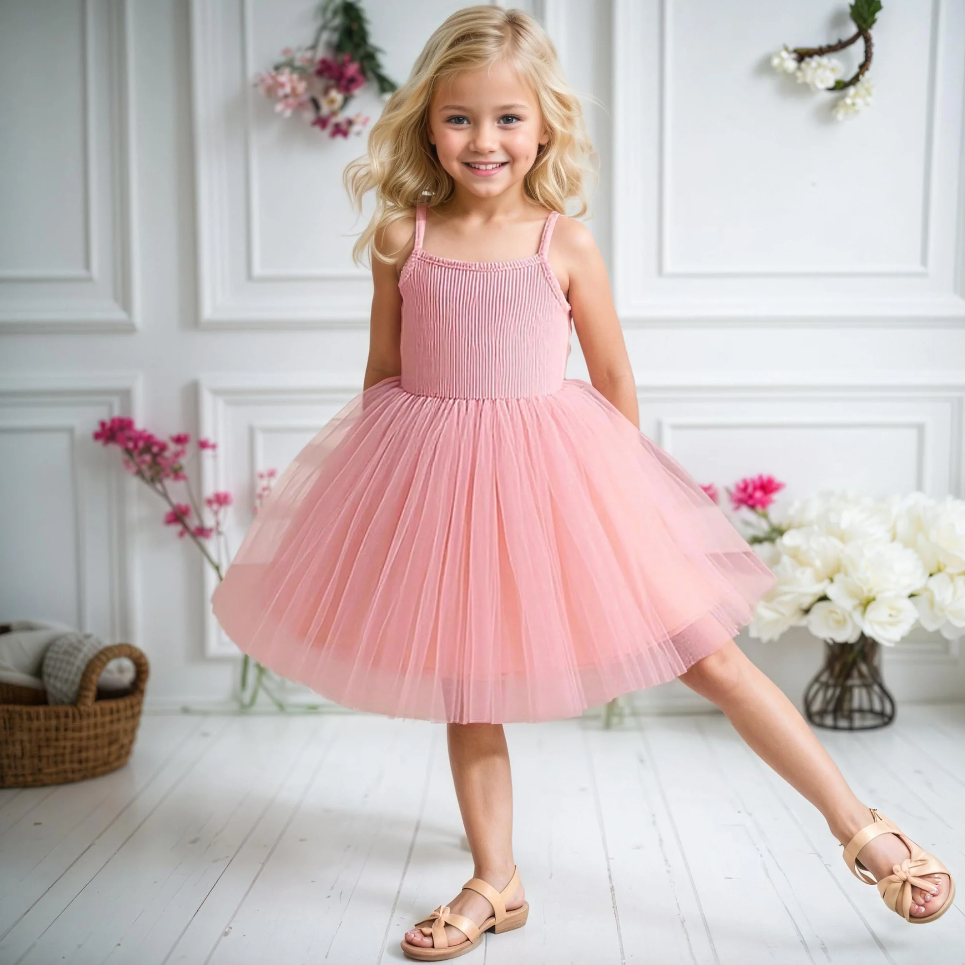 Vestido Tul para Niña Sin Mangas Algodón Verano Vestidos Tirantes A-Line Tutú Casual Elegante Ropa Princesa Fiesta Ceremonia 2-7 Años Negro/Rosa