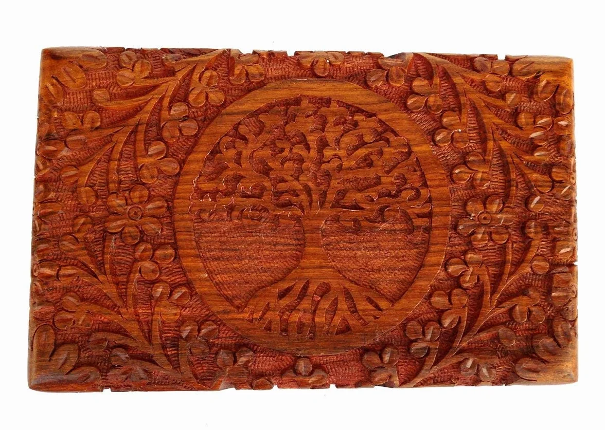 Cofre del Tesoro Decorativo de Madera Tallada a mano con Patrón de árbol de la Vida, Almacenamiento de Joyas, Caja de Reloj, 8 x 5 pulgadas