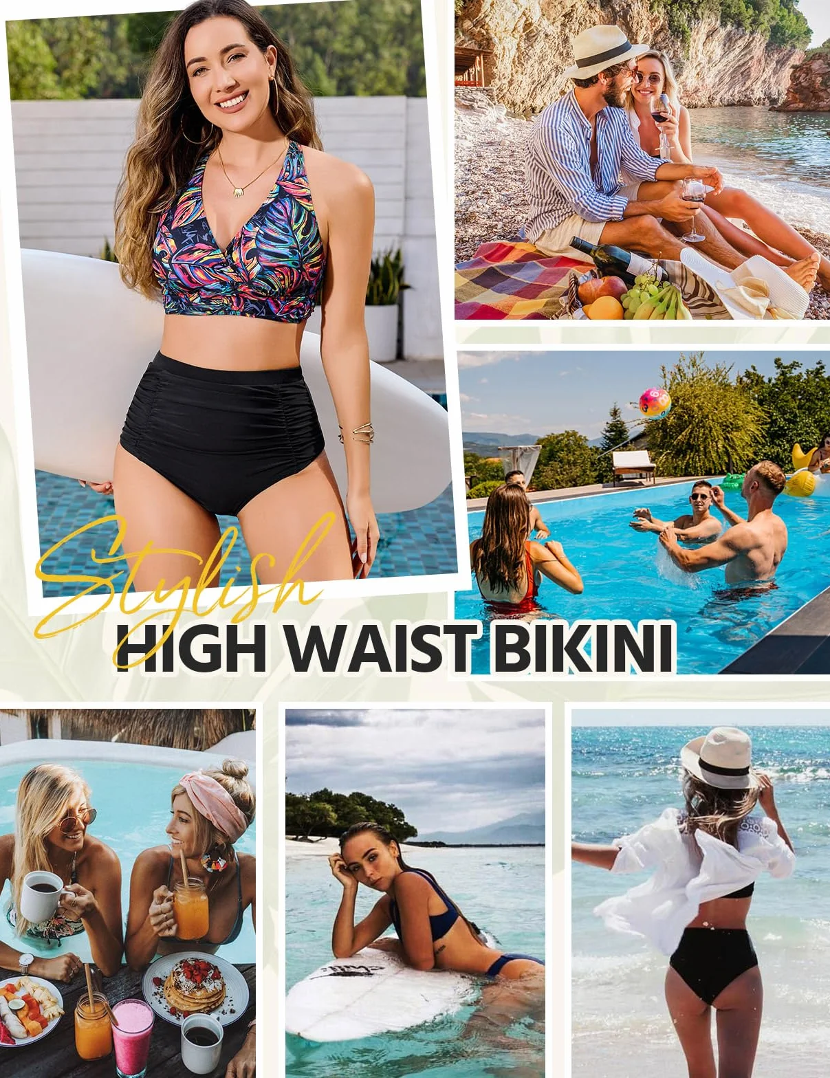 Voqeen Mujer Bikinis Reductor Barriga Cintura Alta Traje de Baño 2 Piezas Push Up con Relleno Conjuntos de Bikinis de Playa Bañadores de Natacion Cuello en V Bikini Top y Braga Ajustable