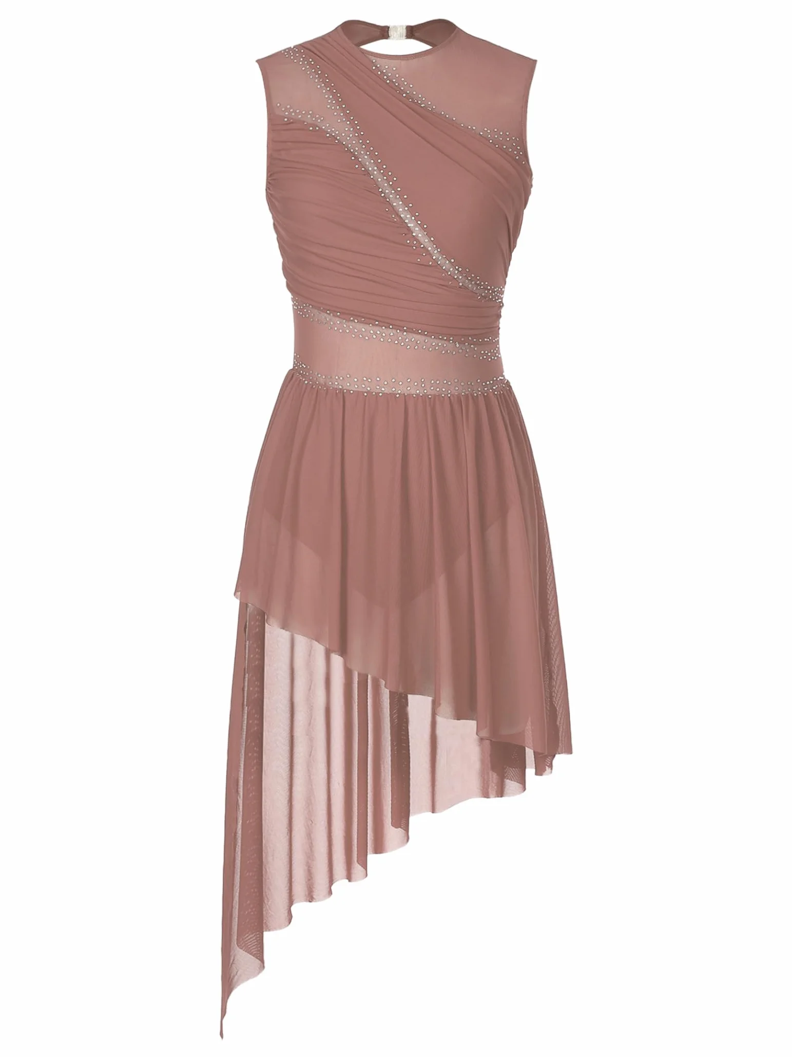 Vestido de patinaje artístico para mujer sin mangas brillante con falda asimétrica