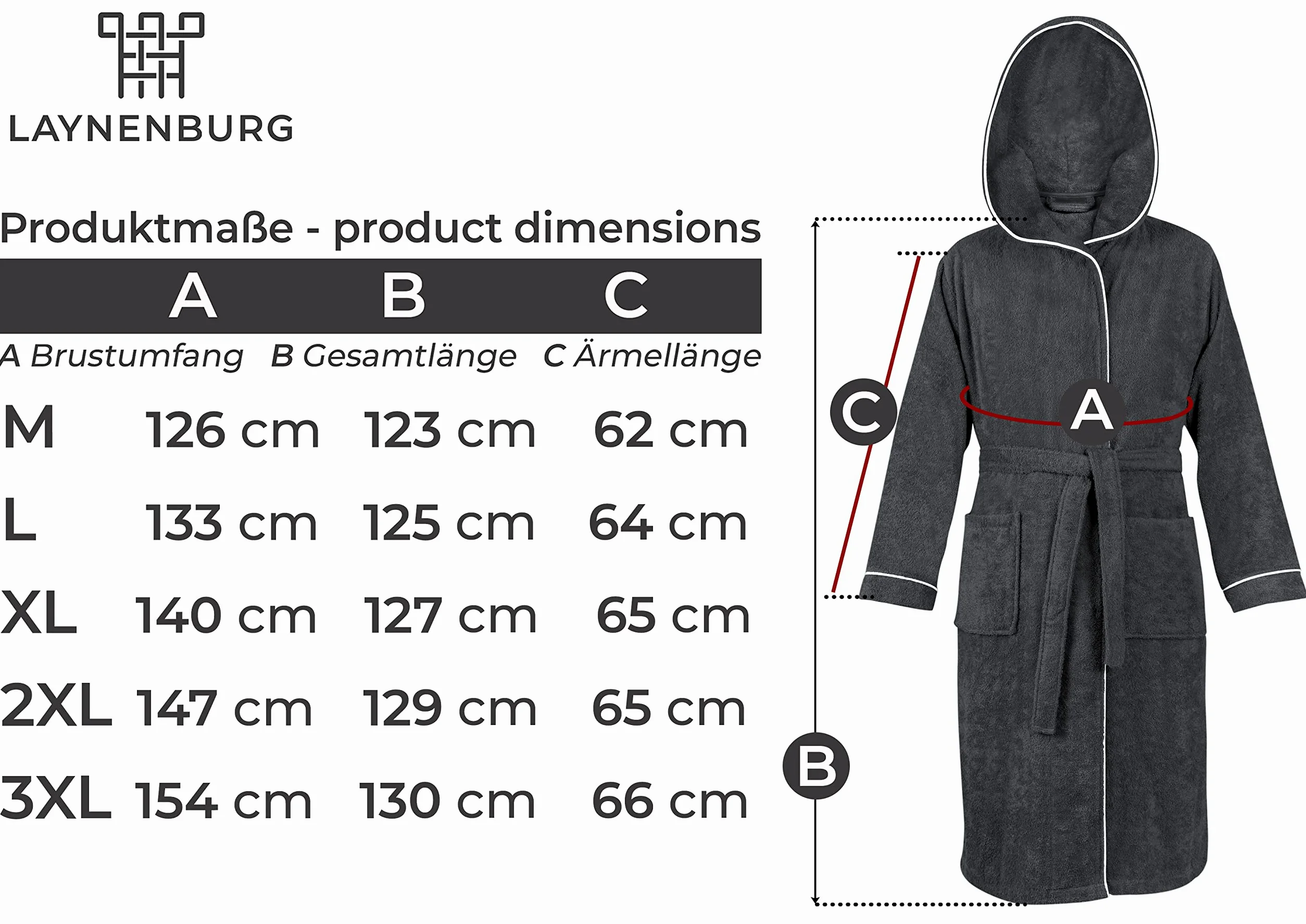 LAYNENBURG Albornoz de Hombre - Capucha - largo - 100% Algodón (360g/m2) - OEKO TEX Standard 100 - Talla (M, Antracita)