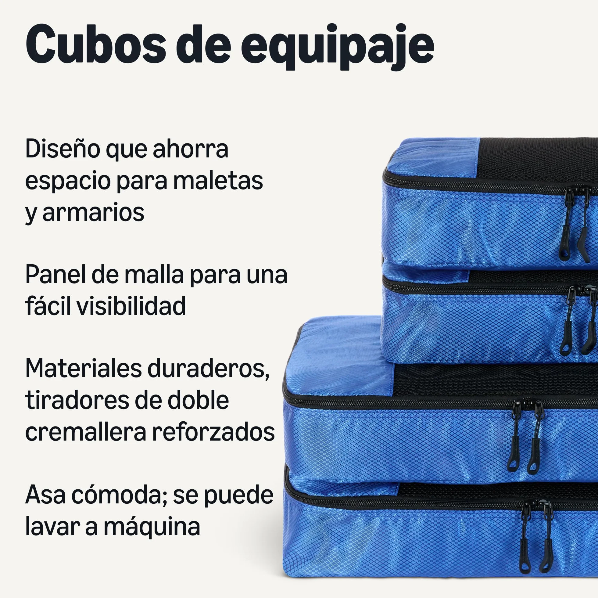 Amazon Essentials Juego de 4 Cubos para Viaje, Organizador de Equipaje con Doble Cremallera, Poliéster, 2 Mediano/2 Grande, Azul