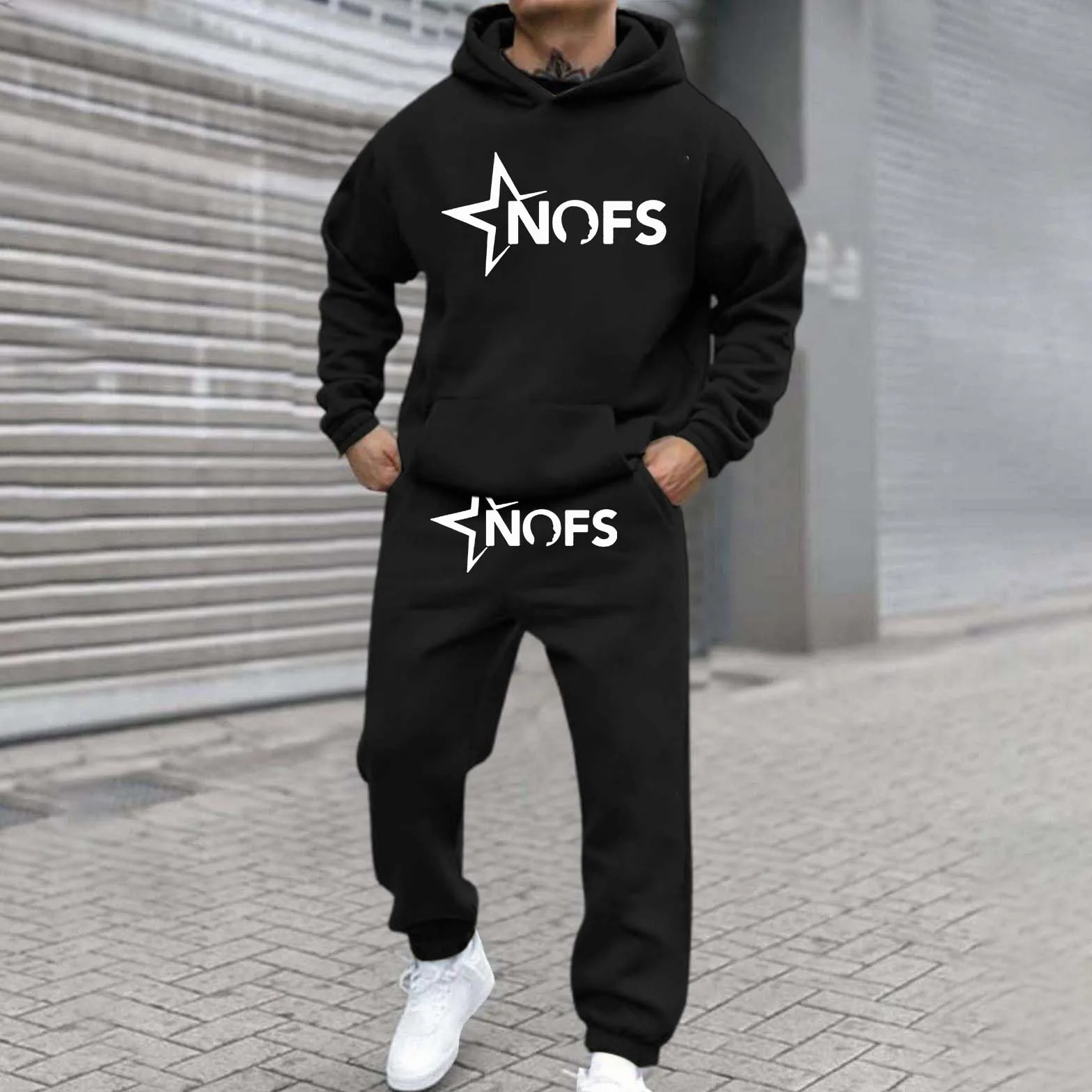 NOFS Pantalones de chándal Y2K para hombre con estampado de letras, sudadera suelta y pantalones deportivos (2 piezas)