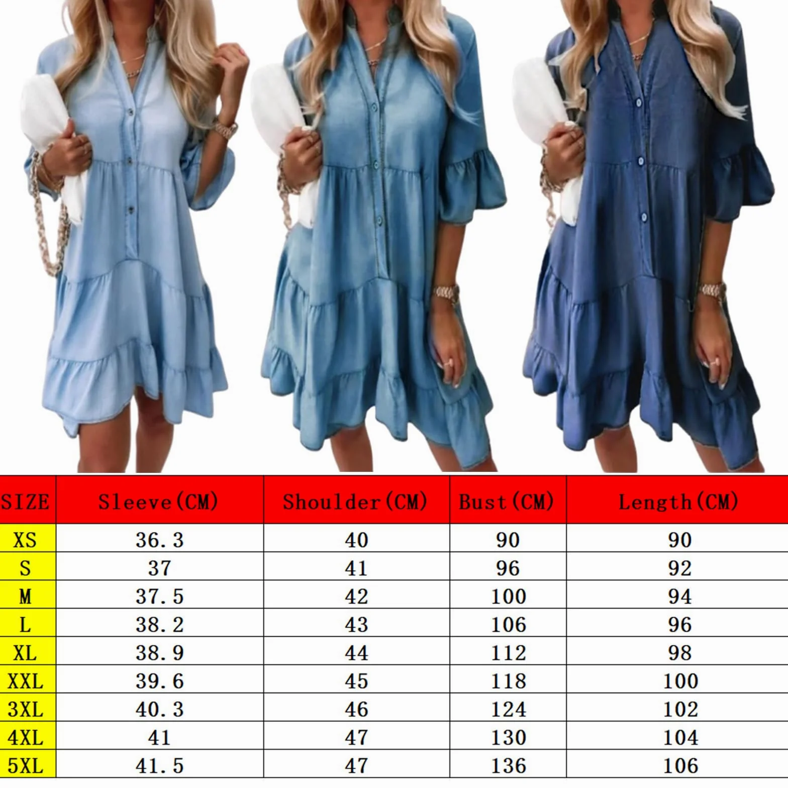 Vestido Denim de Algodón Lavado - Cuello V con Volantes para Playa y Brunch | Vestido Ligero de Media Manga Mujer