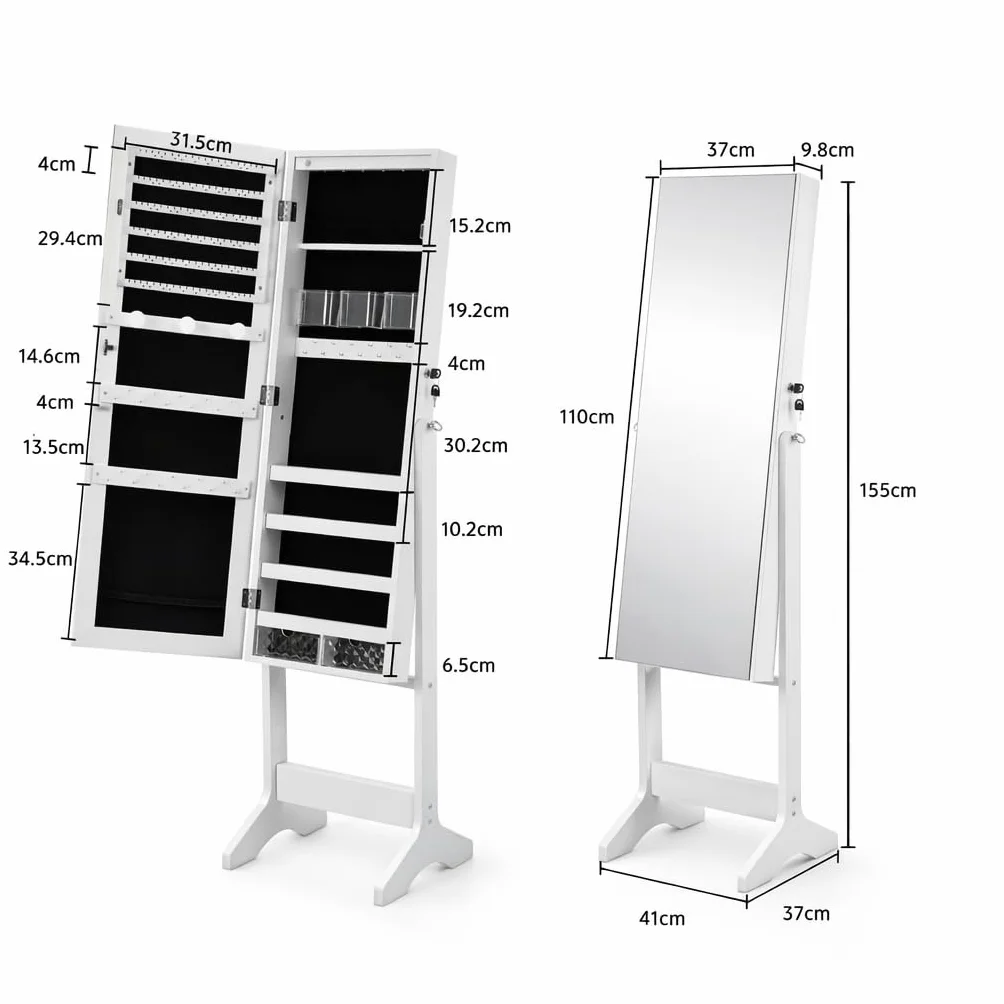 Espejo Joyero de Pie con Cerradura 155x41x37cm Armario Organizador