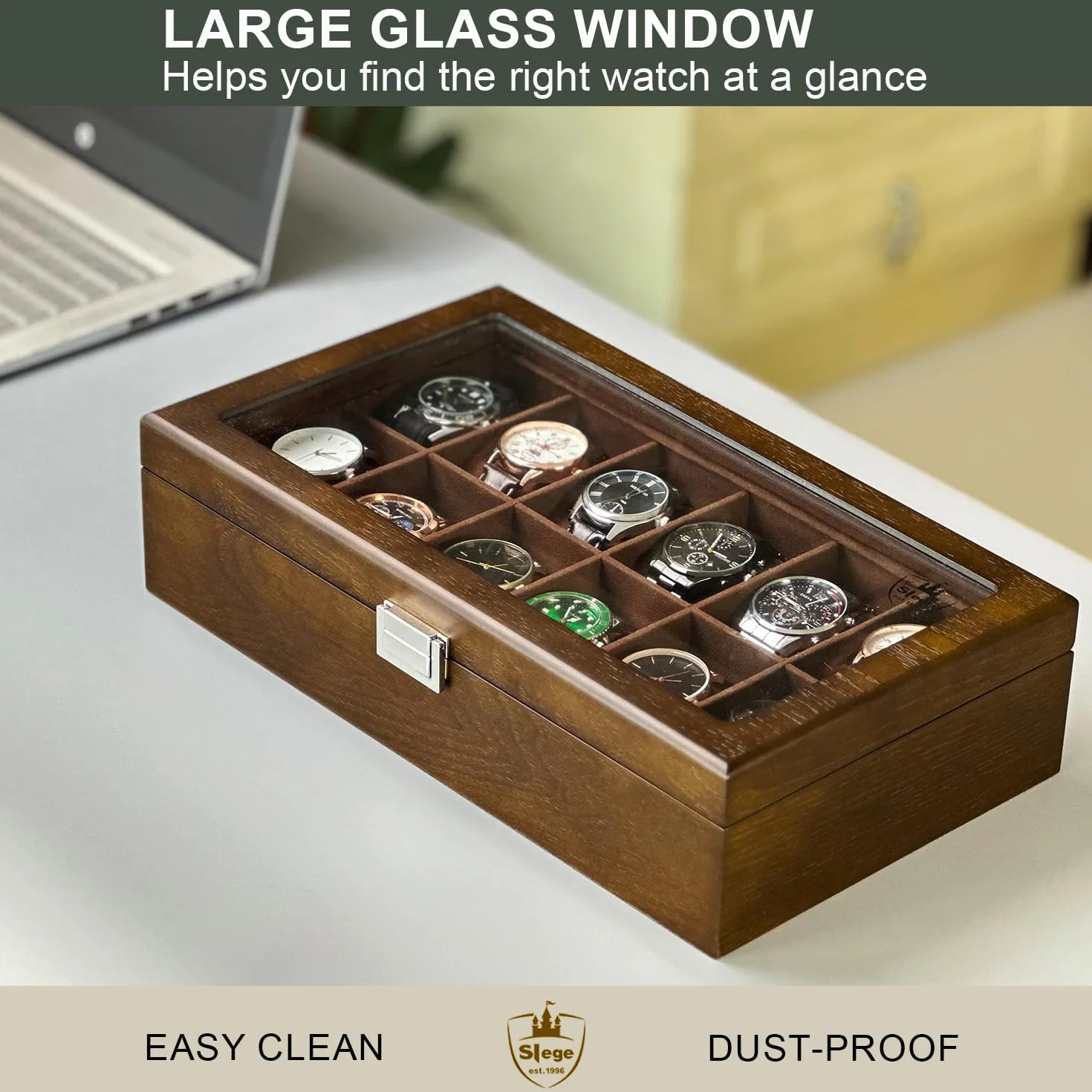 Caja de Relojes de Madera con 12 Ranuras, Estuche Relojero Organizador con Tapa de Cristal y Cojín Extraíble