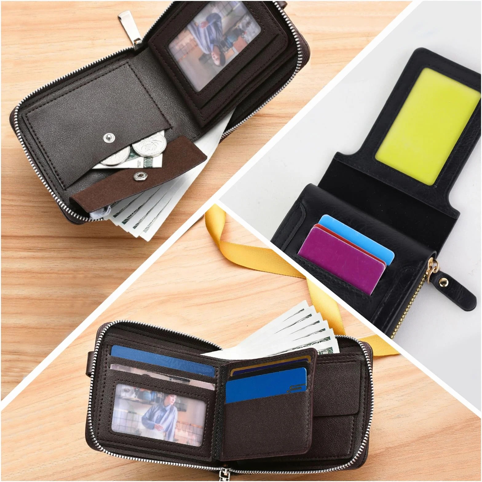 FuninCrea Cartera Hombre Cremallera Hebilla Múltiples Compartimentos Monedero Pequeña Ventanillas Identificación Tarjetas