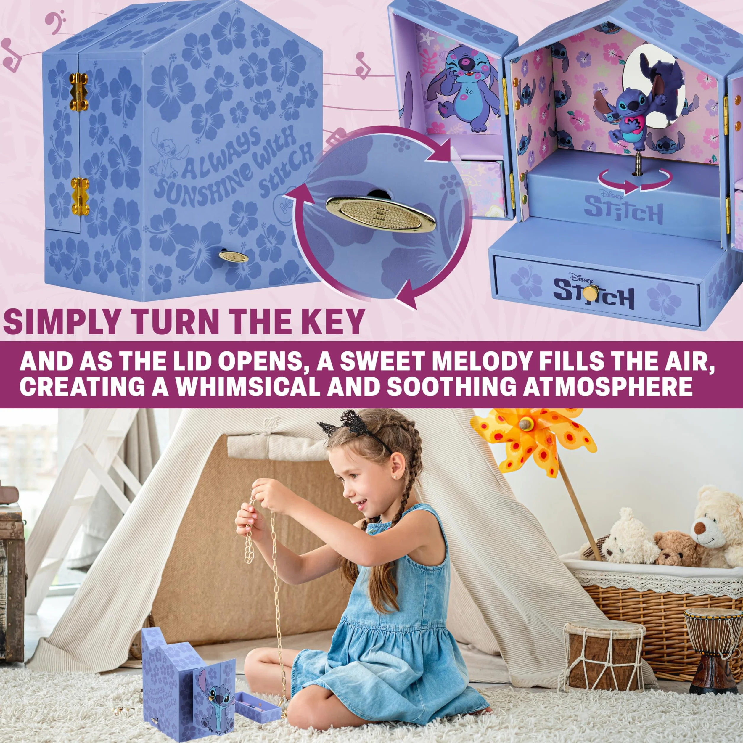 Disney Stitch Joyero Musical Niña Caja Decorativa con Espejo y Cajones Azul