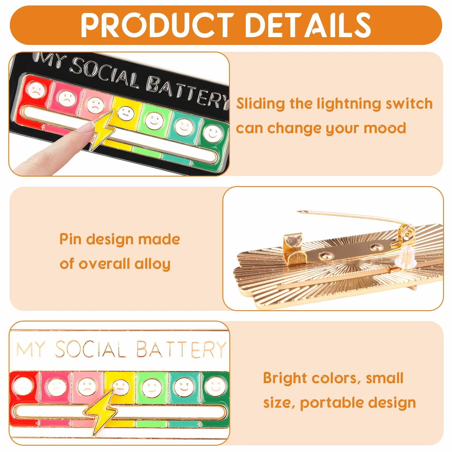 Social Battery Pin, 4 Piezas Pin de batería social, Broche para el Estado de ánimo Social 7 días, Agujas de Humor Interactivas