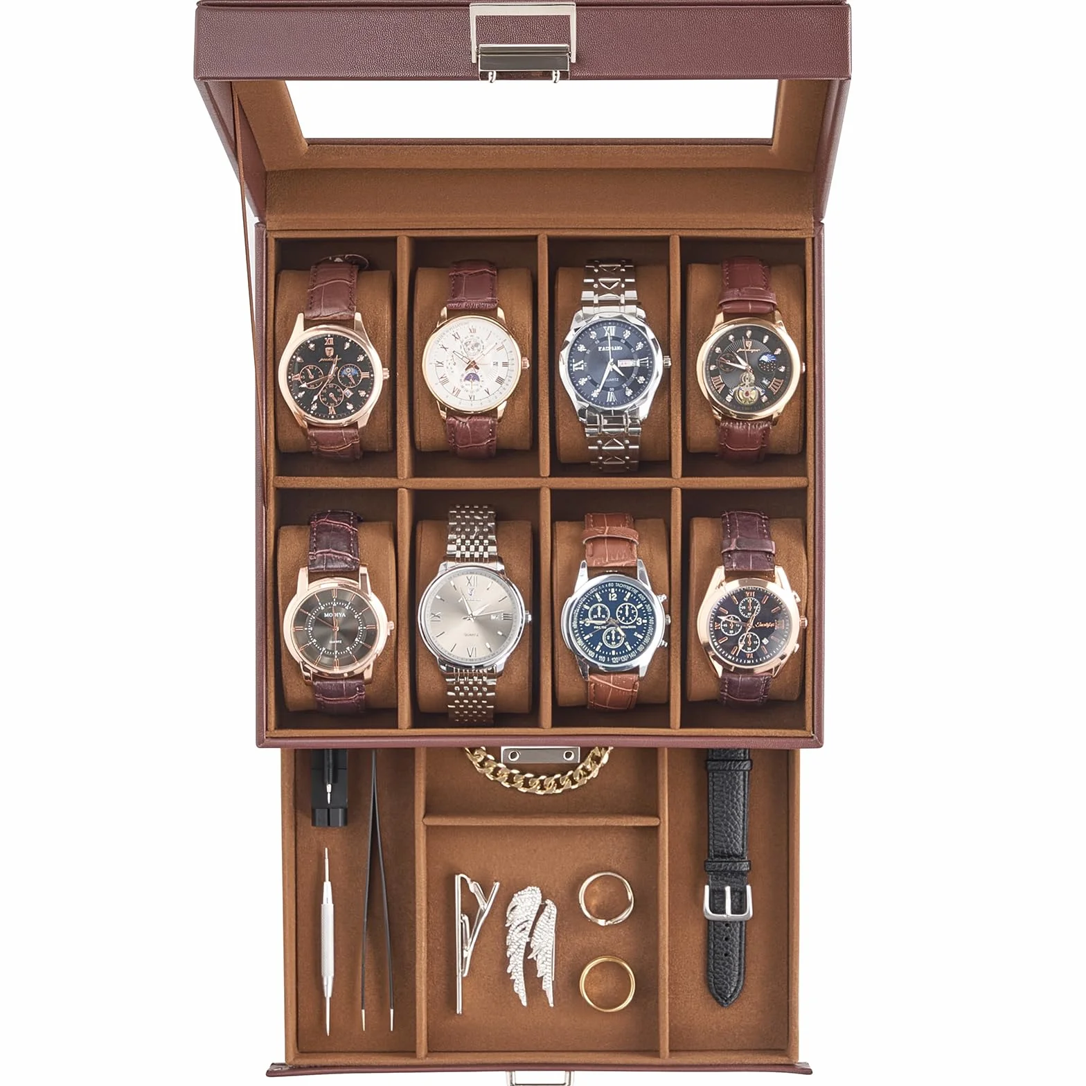 ProCase Estuche para Relojes de Doble Nivel con Tapa de Cristal, Organizador para Relojes, Anillos y Pulseras, Marrón
