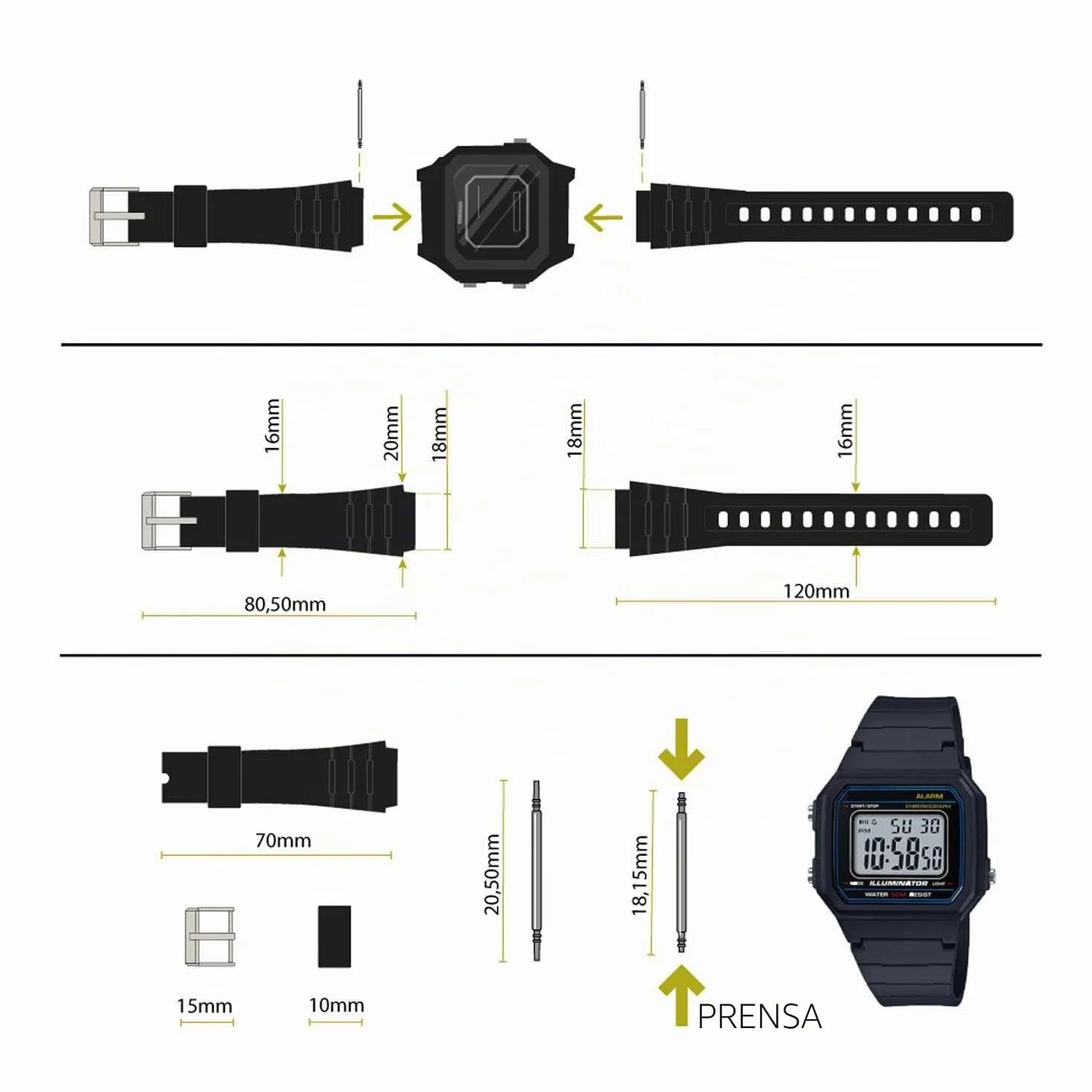 Repuesto Correa de Silicona Pasadores Metal Compatible con Reloj Casio F91W Negro