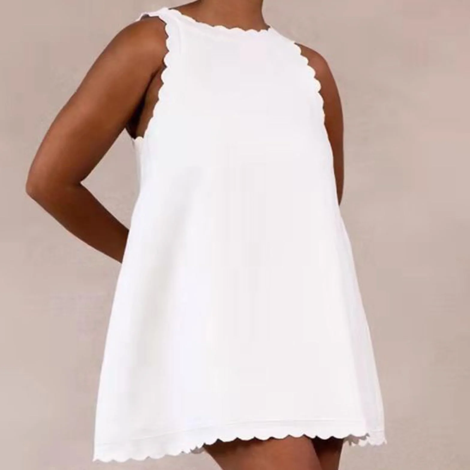 Vestido Playa Lino Elástico Escote V Festoneado Sin Mangas Cremallera Trasera