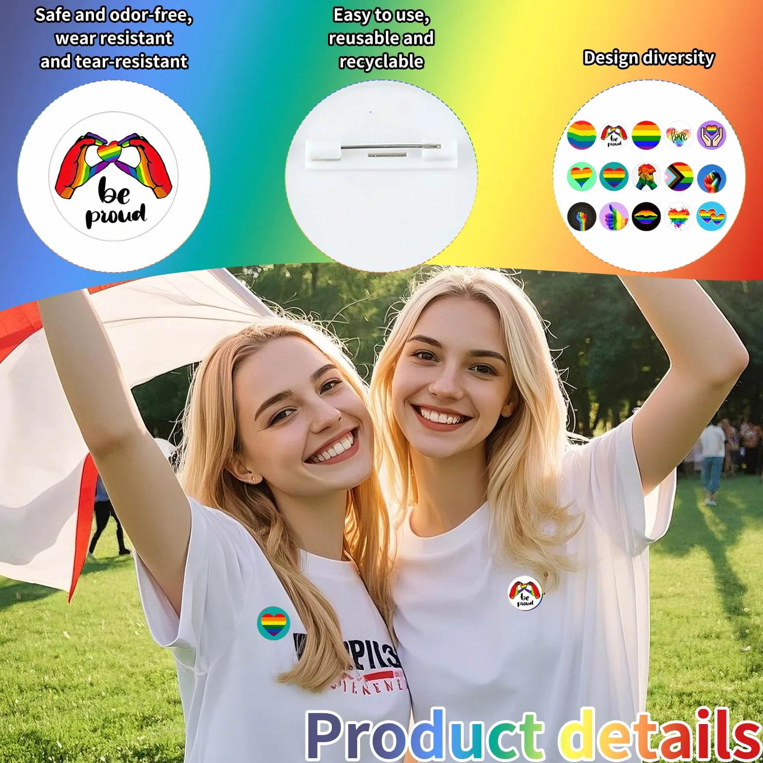 Insignias Orgullo Arcoíris 16 Piezas 44MM, Chapas LGBTQ con Puño Arcoíris, Pines Acero Inoxidable