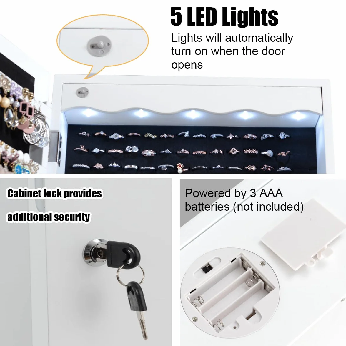 HOMASIS LED Espejo Joyero de Pared con Cerradura y 6 Cajones, Armario para Joyas Blanco