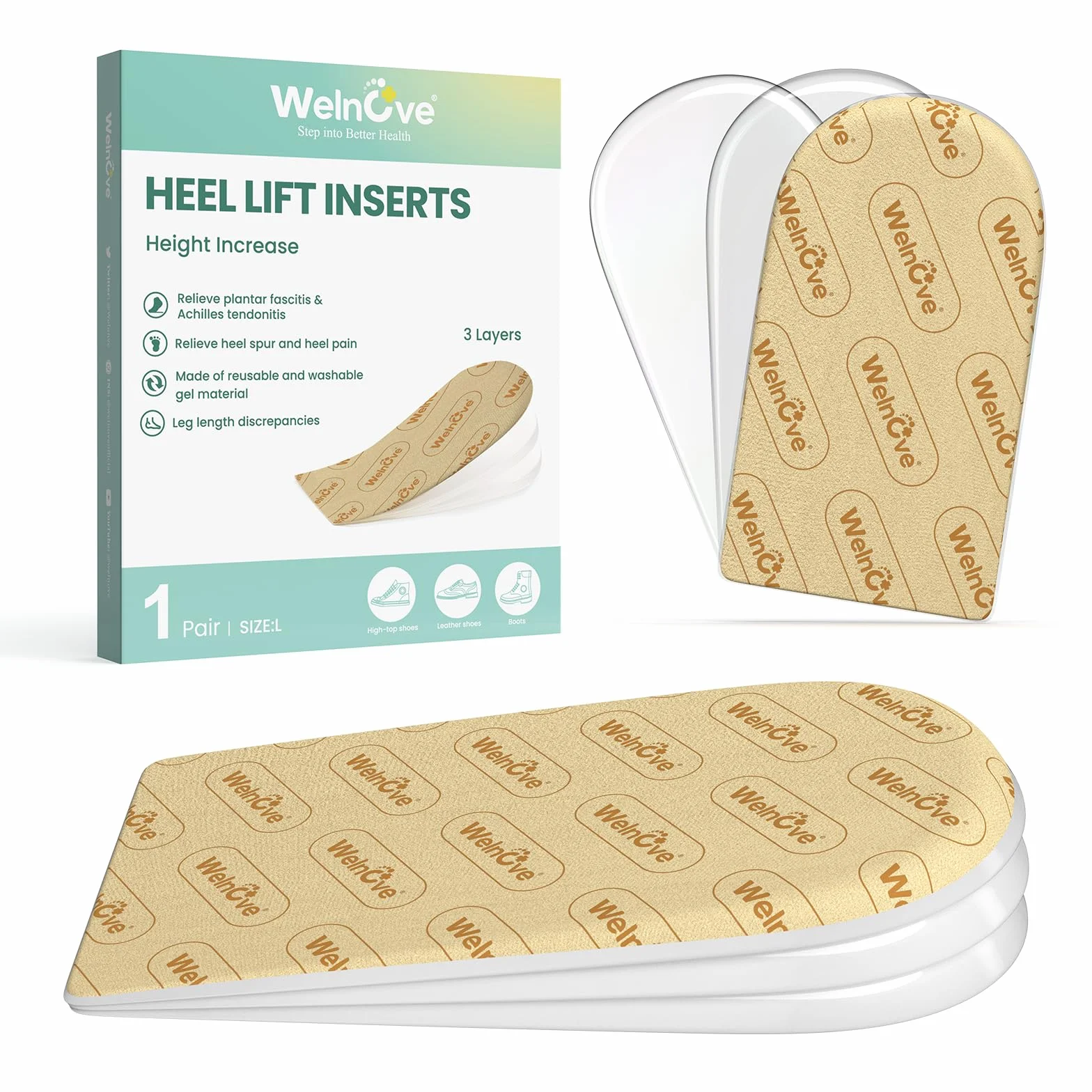 Taloneras Fascitis Plantar Silicona Gel Alivio Dolor Talón Espolones Calcáneos Beige 3 Capas