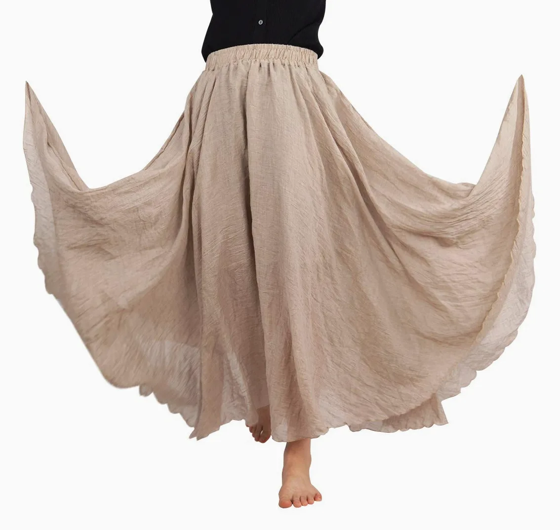 FEOYA Falda Larga Mujer Boho de Algodón y Lino Dos Capas con Corte en A y Caída Fluida 85cm/95cm