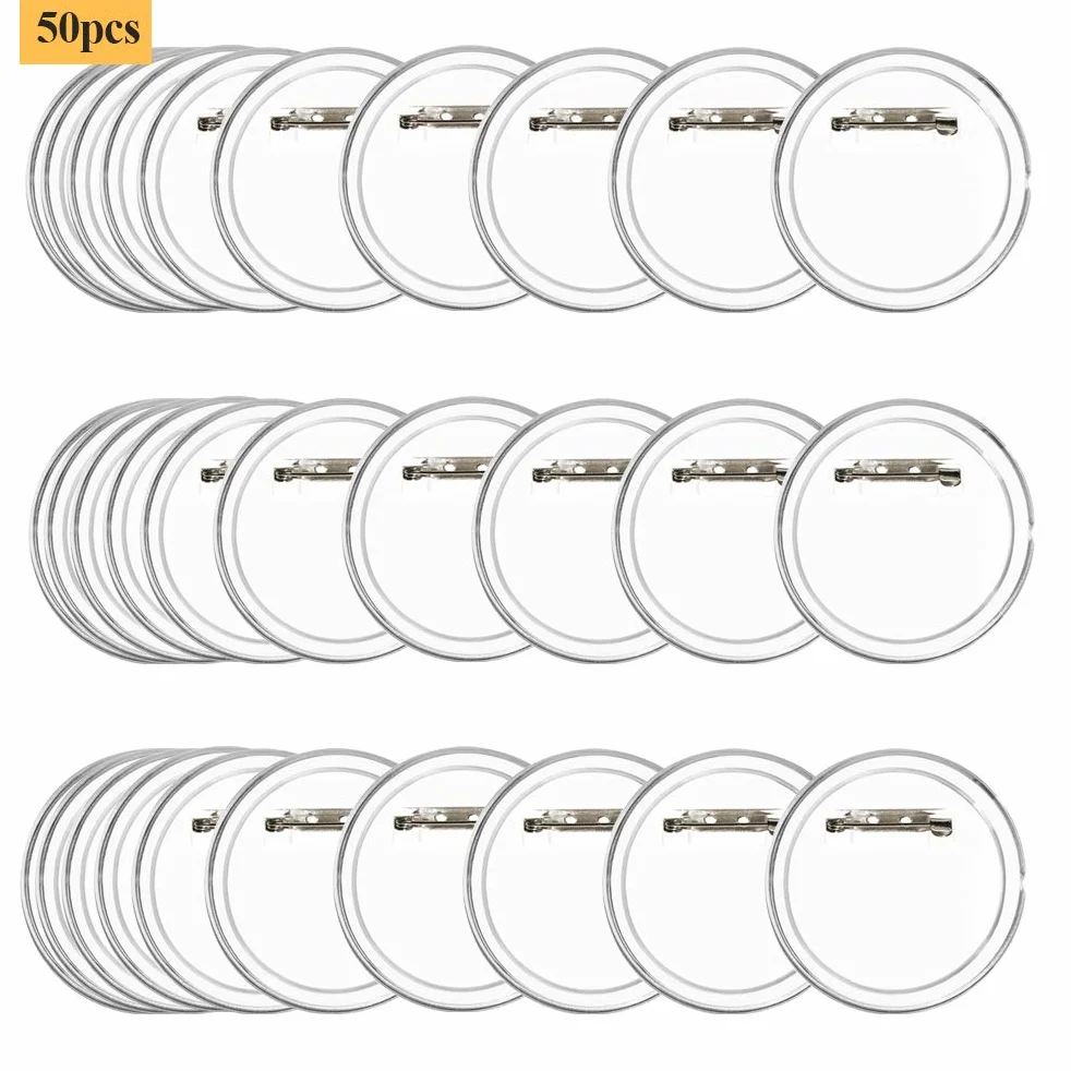 BUYGOO 50 Piezas Chapas Plásticas con Alfiler Incluido, Botón de Pin Redondo de Acrílico Transparente