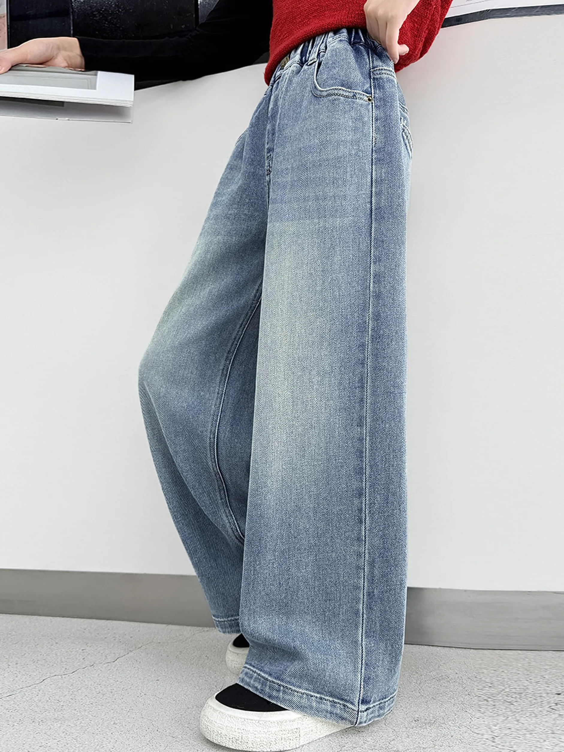 Pantalones Vaqueros Baggy para Niñas Cintura Alta Elástica Pierna Ancha Denim Loose Bootcut 6-15 Años