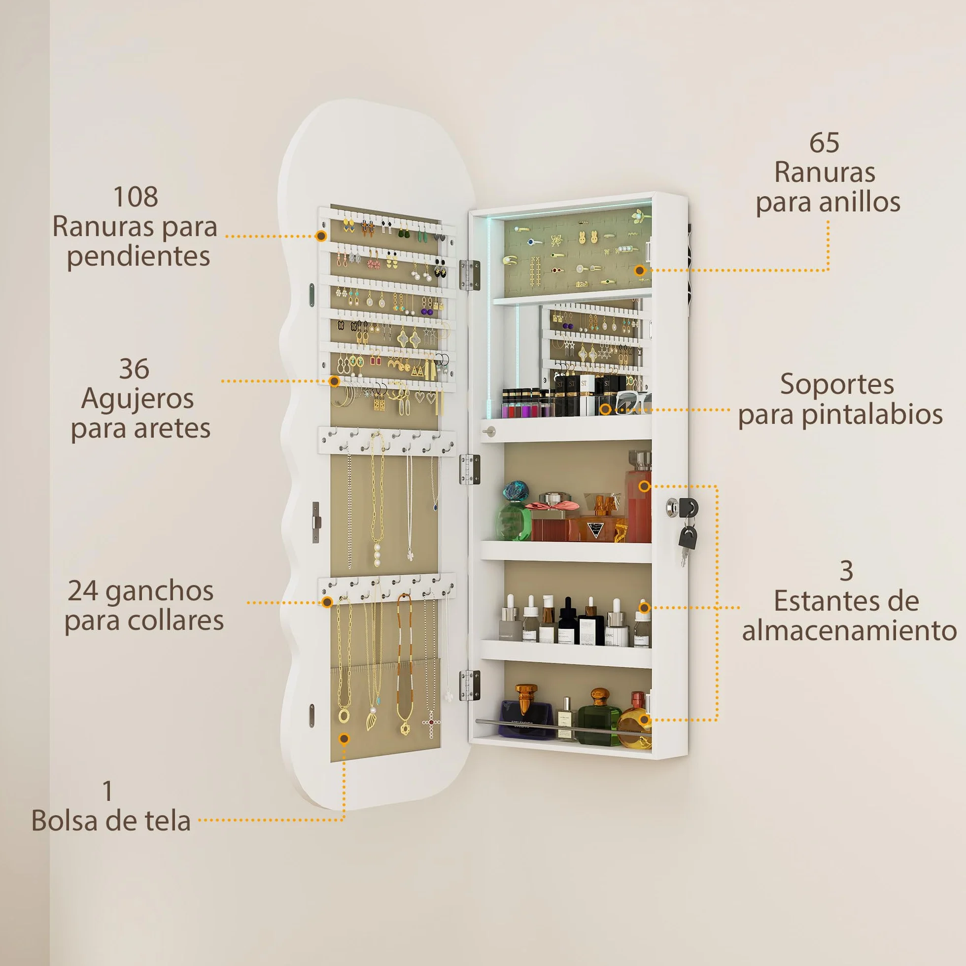 HOMCOM Espejo Joyero con Luz LED 3 Colores, Armario para Joyas Montado en Pared, Espejo Entero, Blanco